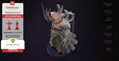 A 3D model of an armored, menacing figure with elaborate spikes and decorations on a round base.