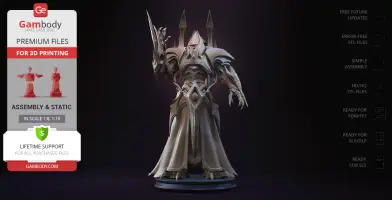 Armored figure with intricate design and menacing pose, suitable for 3D printing.