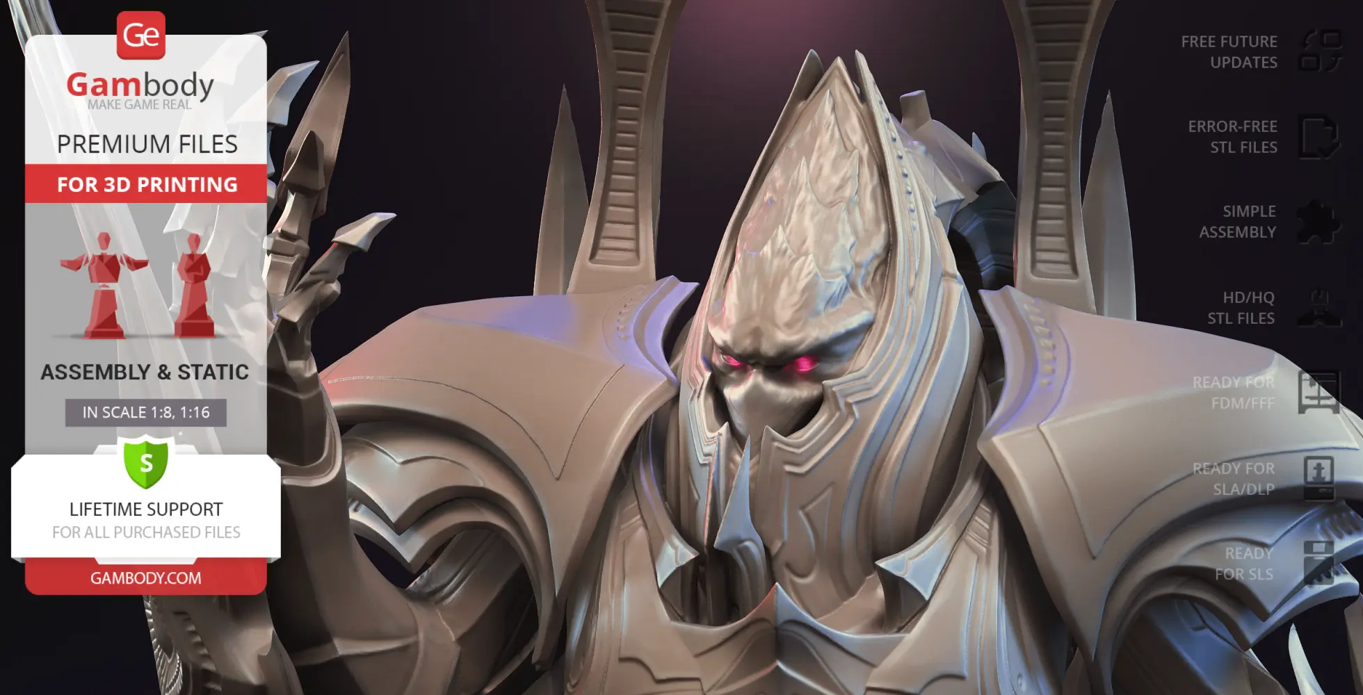 Futuristic armored figure with glowing red eyes, featuring intricate designs and sharp edges.