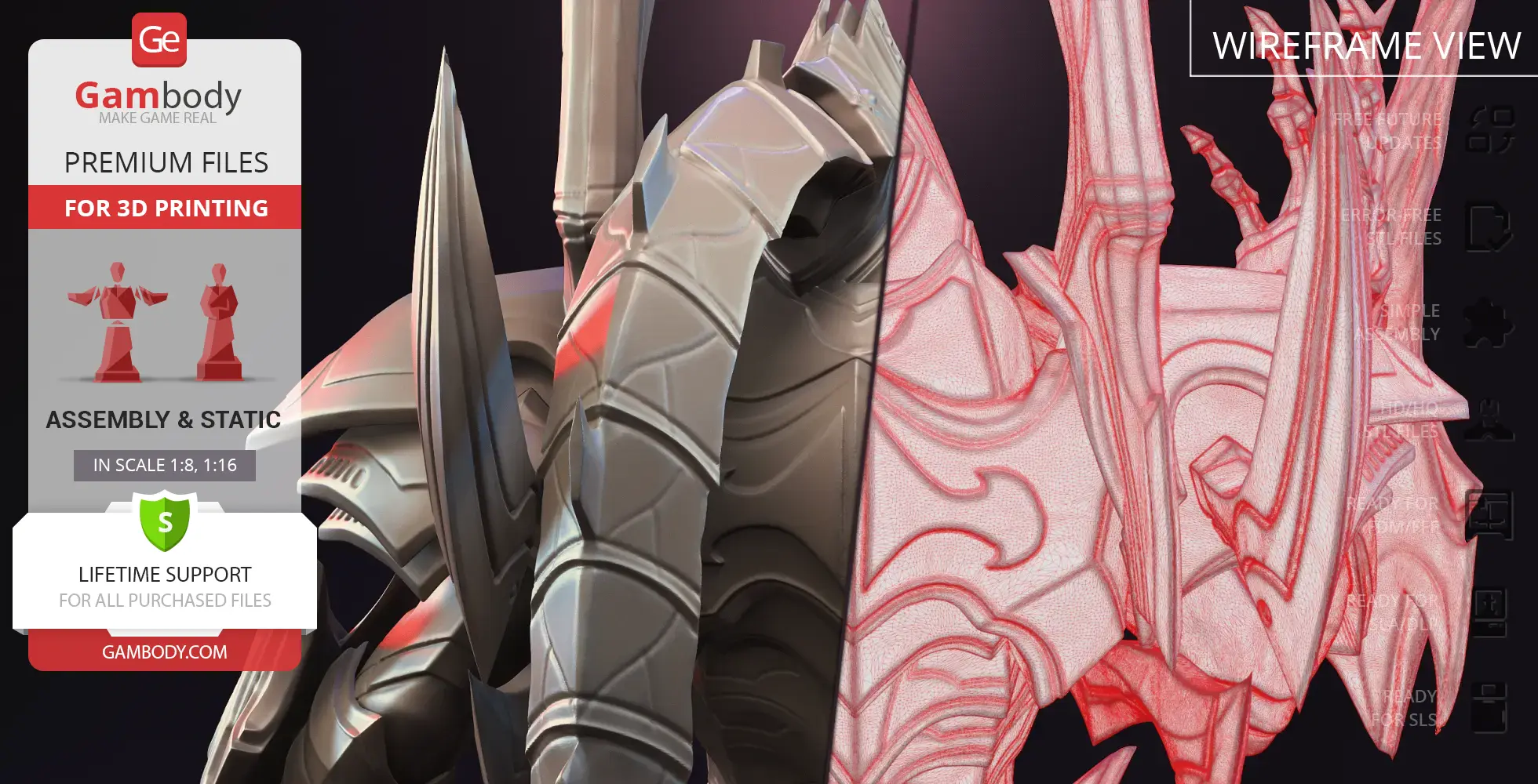 3D model of Alarak's intricate armored helmet from StarCraft, split into solid and wireframe views.