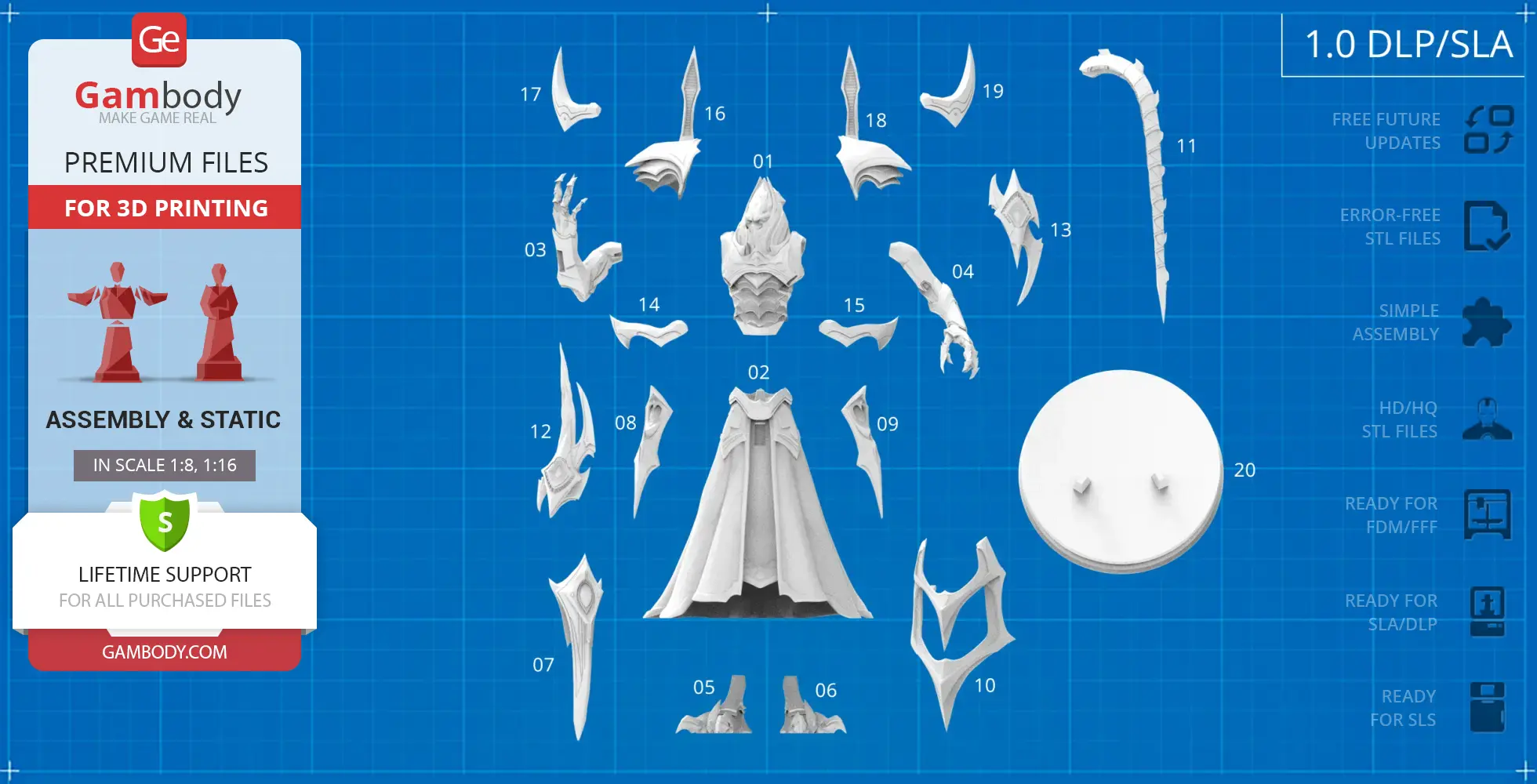 3D printable model parts of Alarak the Highlord, displayed on a blueprint grid for assembly.