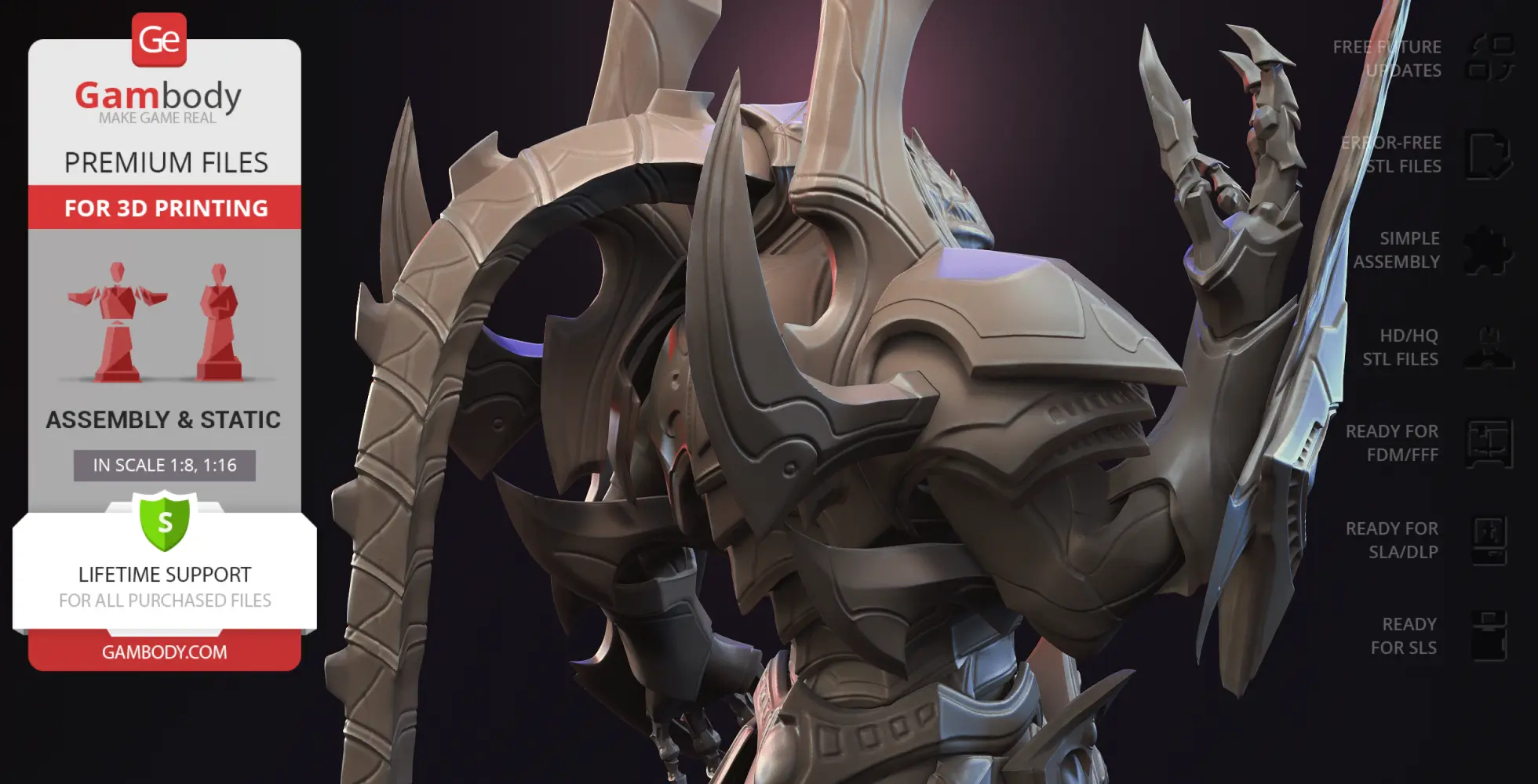 A detailed 3D model of Alarak from StarCraft, featuring intricate armor and sharp, angular designs.