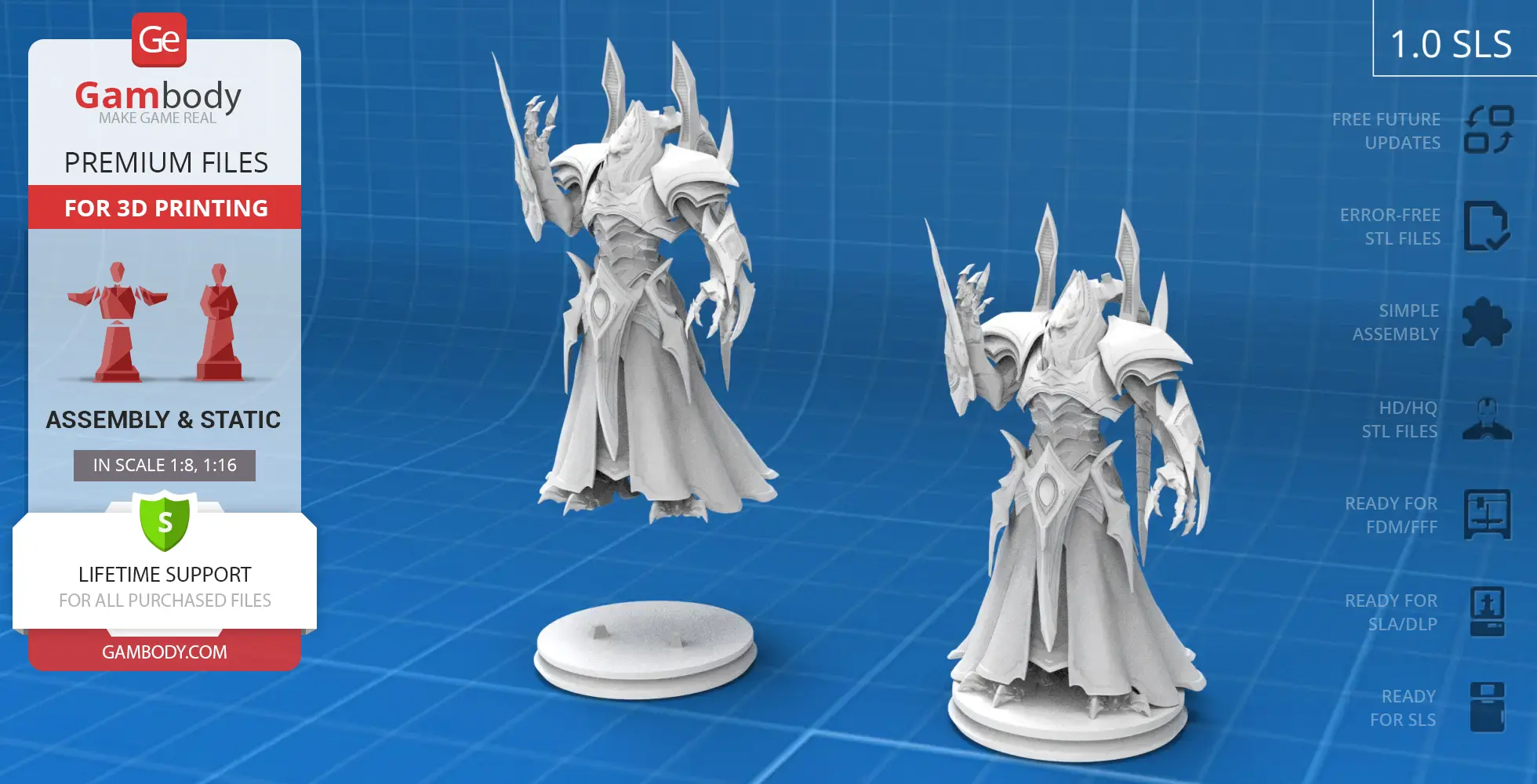 A 3D model of Alarak, a detailed armored character with ornate details, posed dramatically on a circular base.