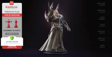 A detailed 3D model of a warrior in futuristic armor, posed on a circular base.