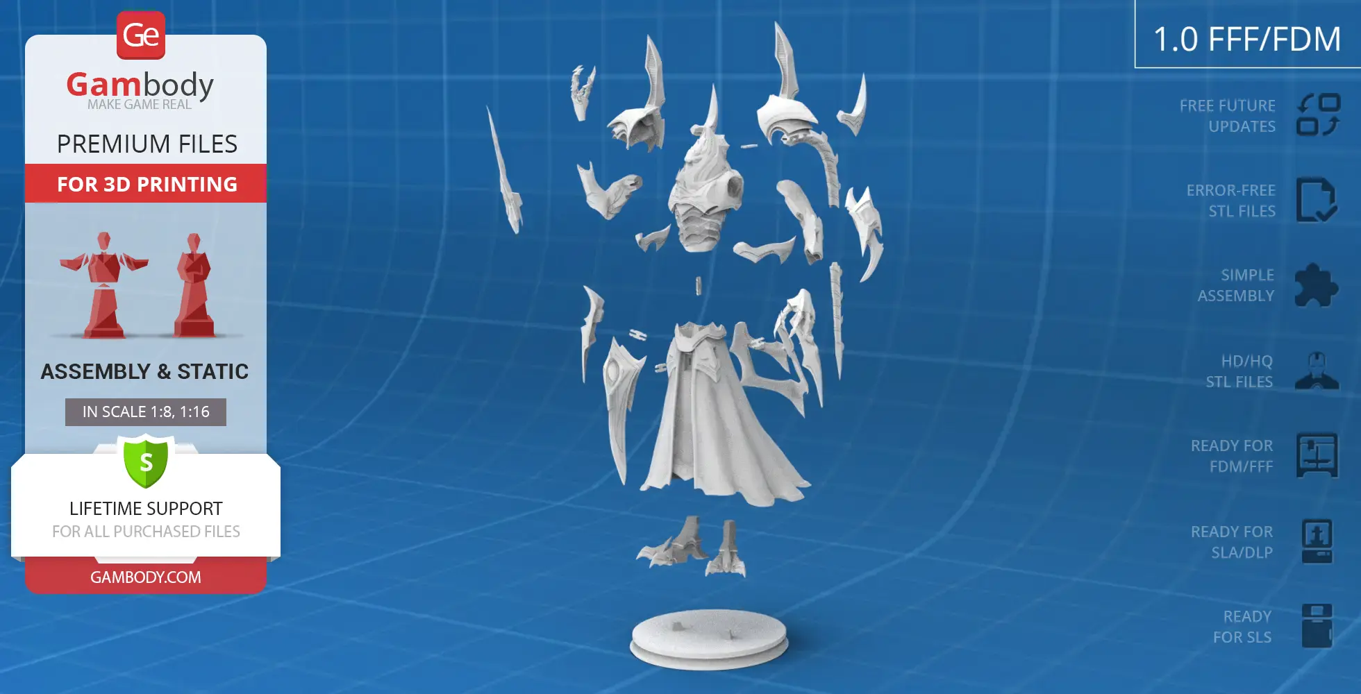 Floating pieces of a detailed, segmented 3D model of Alarak for printing, displayed on a blue grid background.