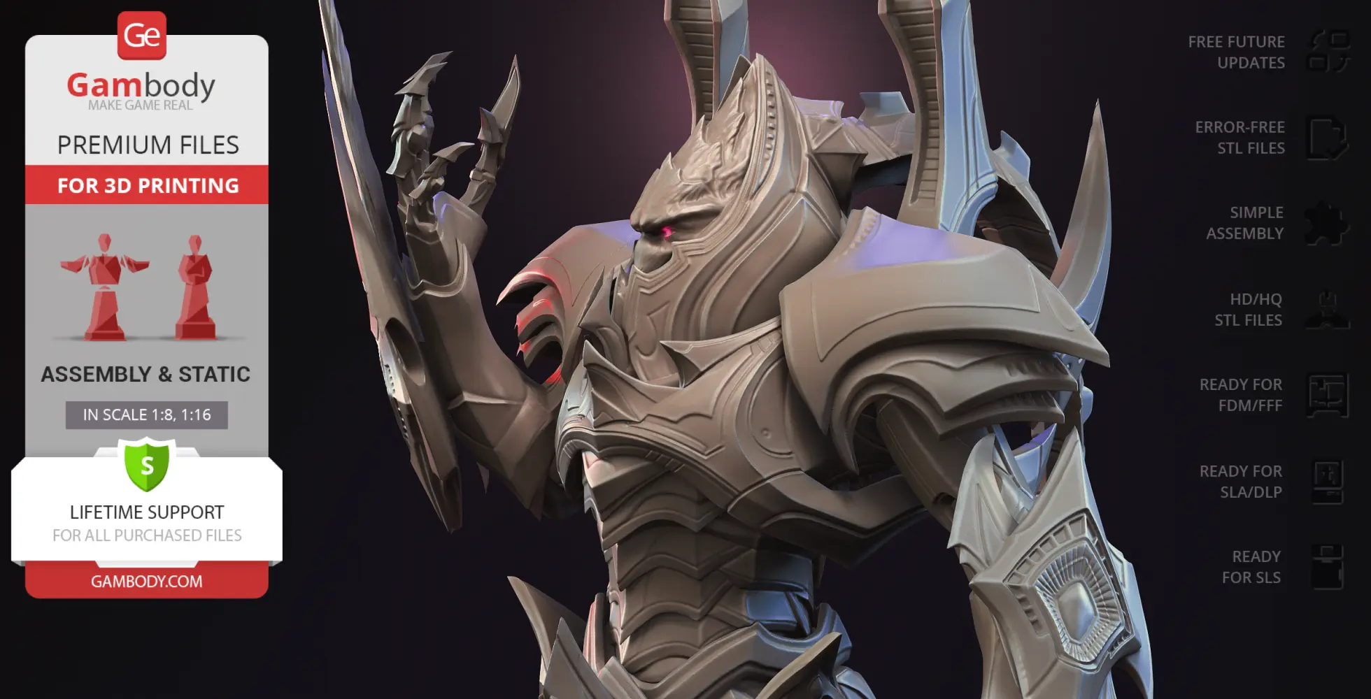 A 3D model of Alarak from StarCraft, featuring intricate armor and sharp details, ready for printing.