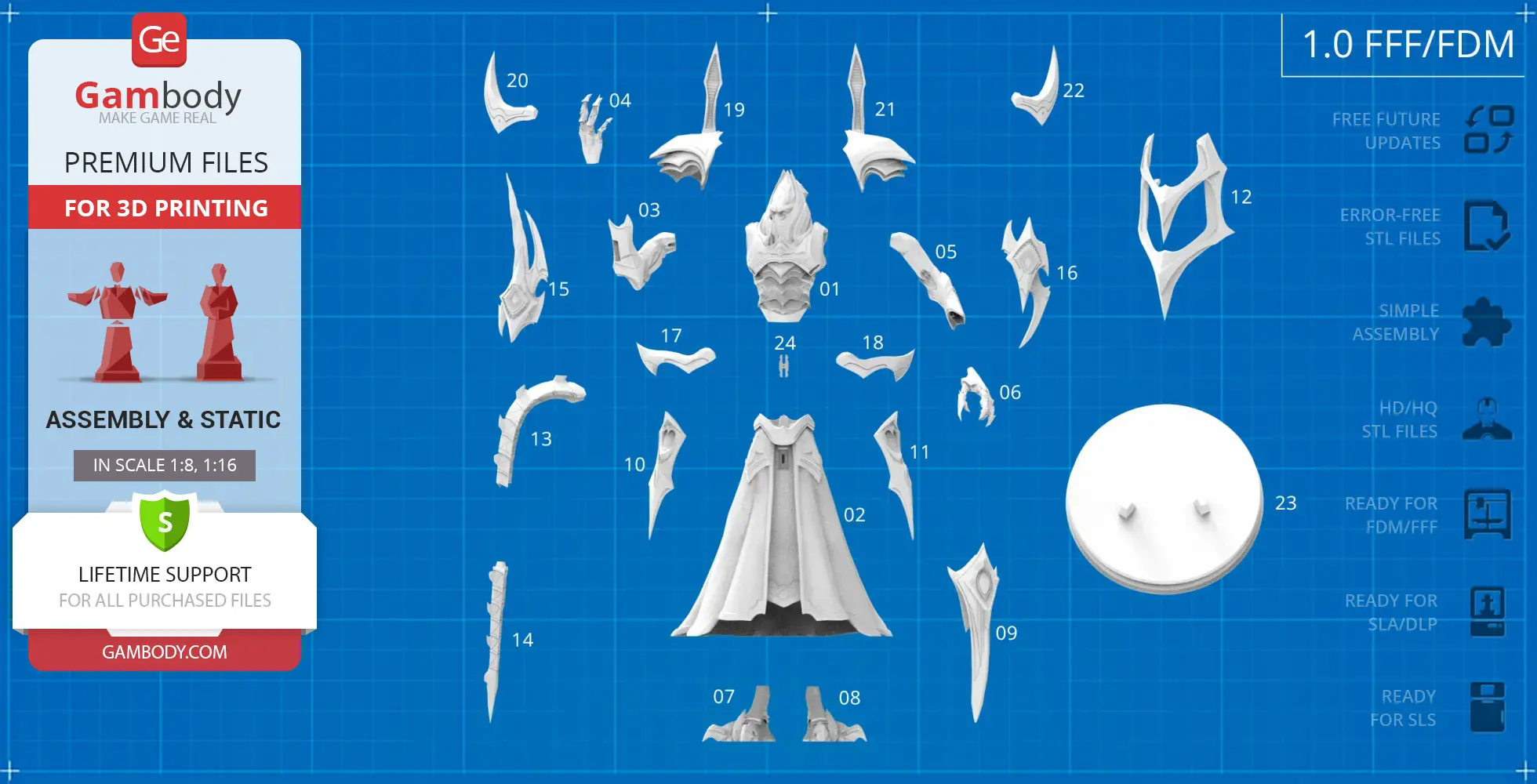 3D model parts of Alarak the Highlord from StarCraft, labeled for assembly on a blue grid background.