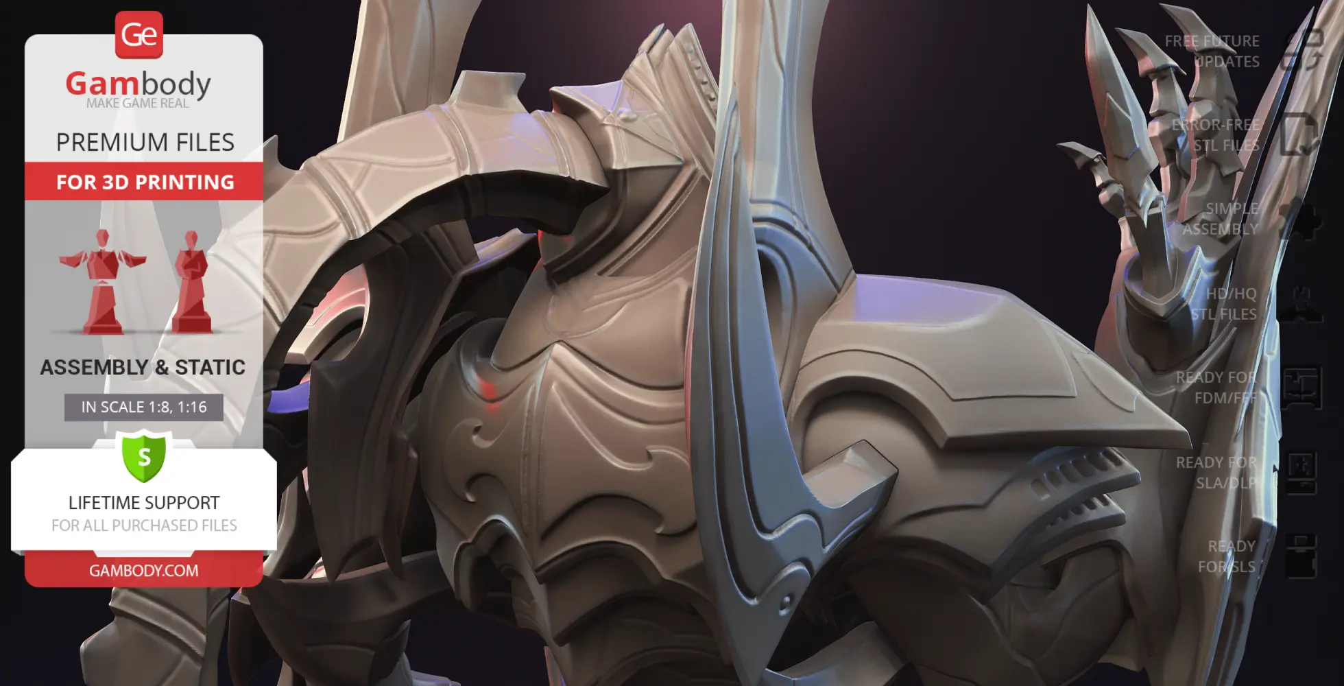 Detailed 3D model of a futuristic armor set with intricate design elements for 3D printing.