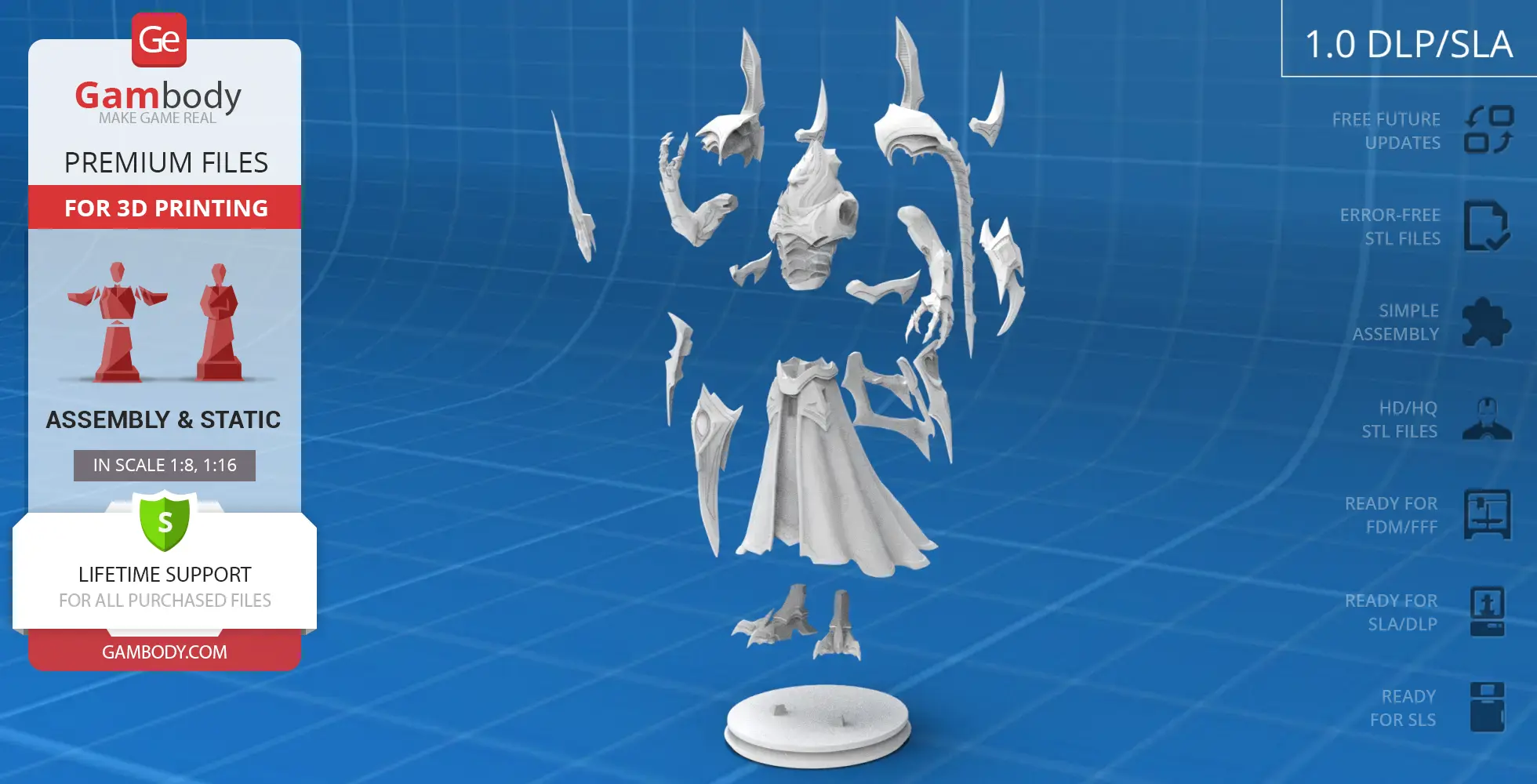 3D printing model parts of Alarak the Highlord from StarCraft, displayed on a blue grid background.