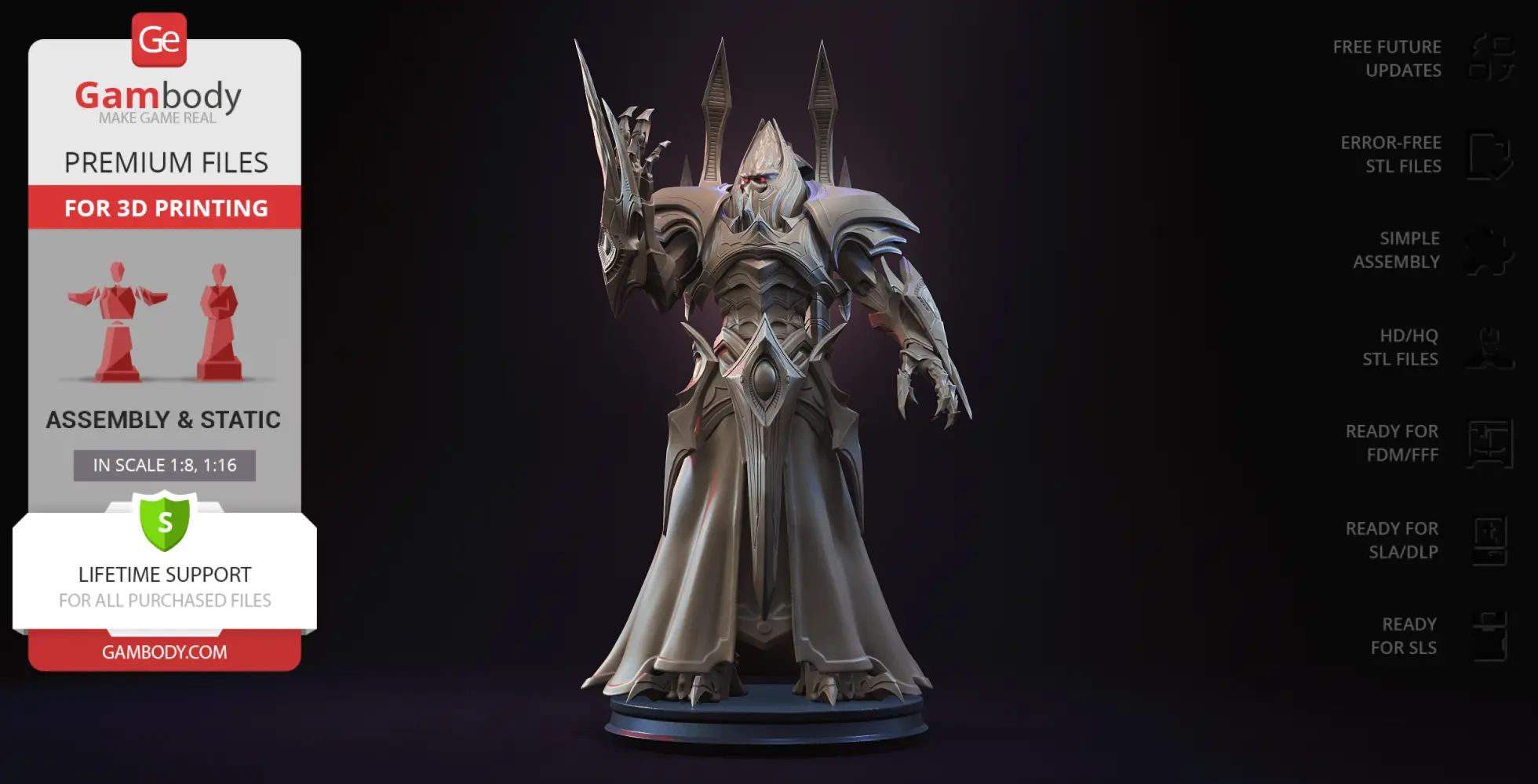 Armored figure with intricate design and menacing pose, suitable for 3D printing.