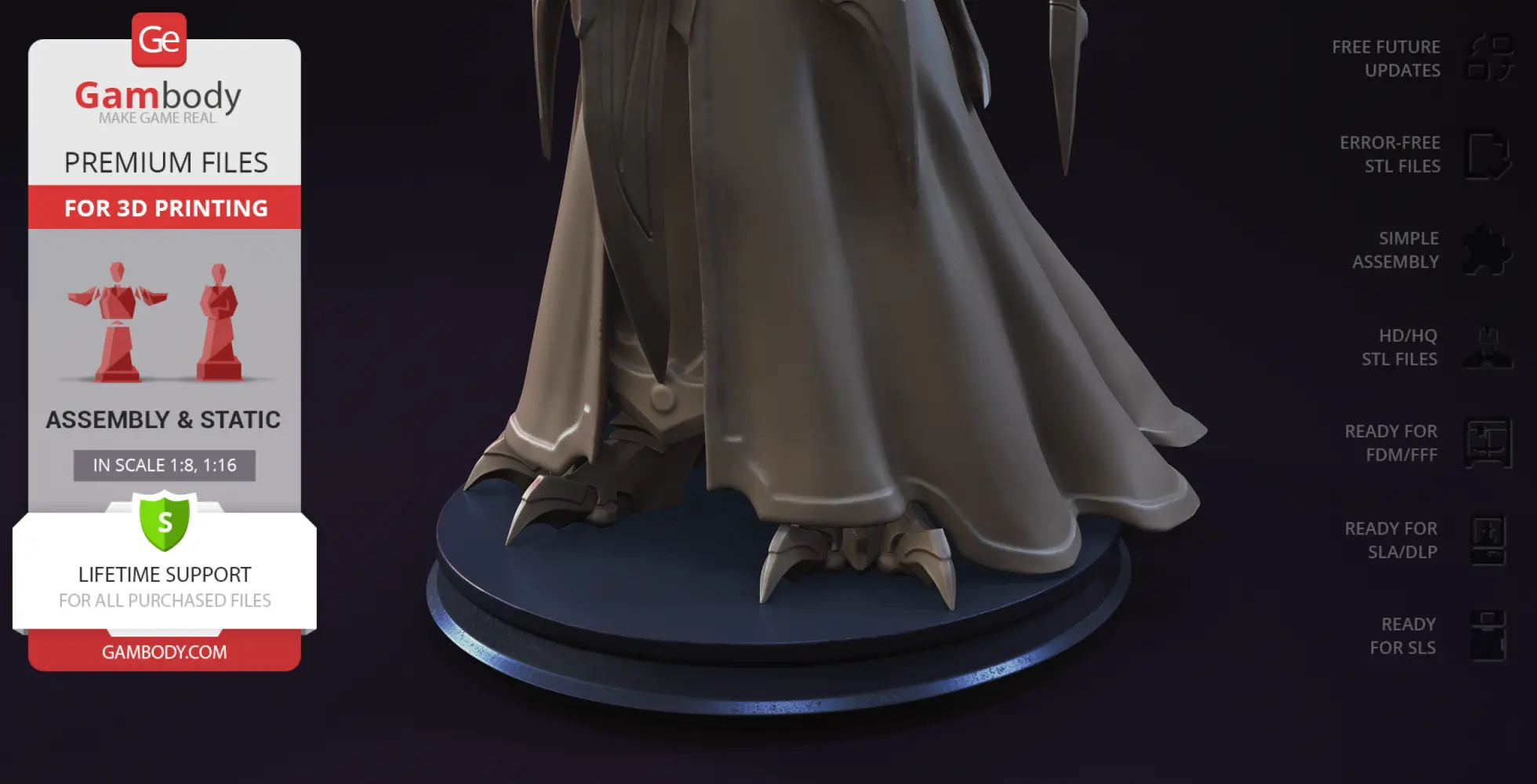 A close-up of Alarak the Highlord's feet and robe on a display base, made for 3D printing by Gambody.