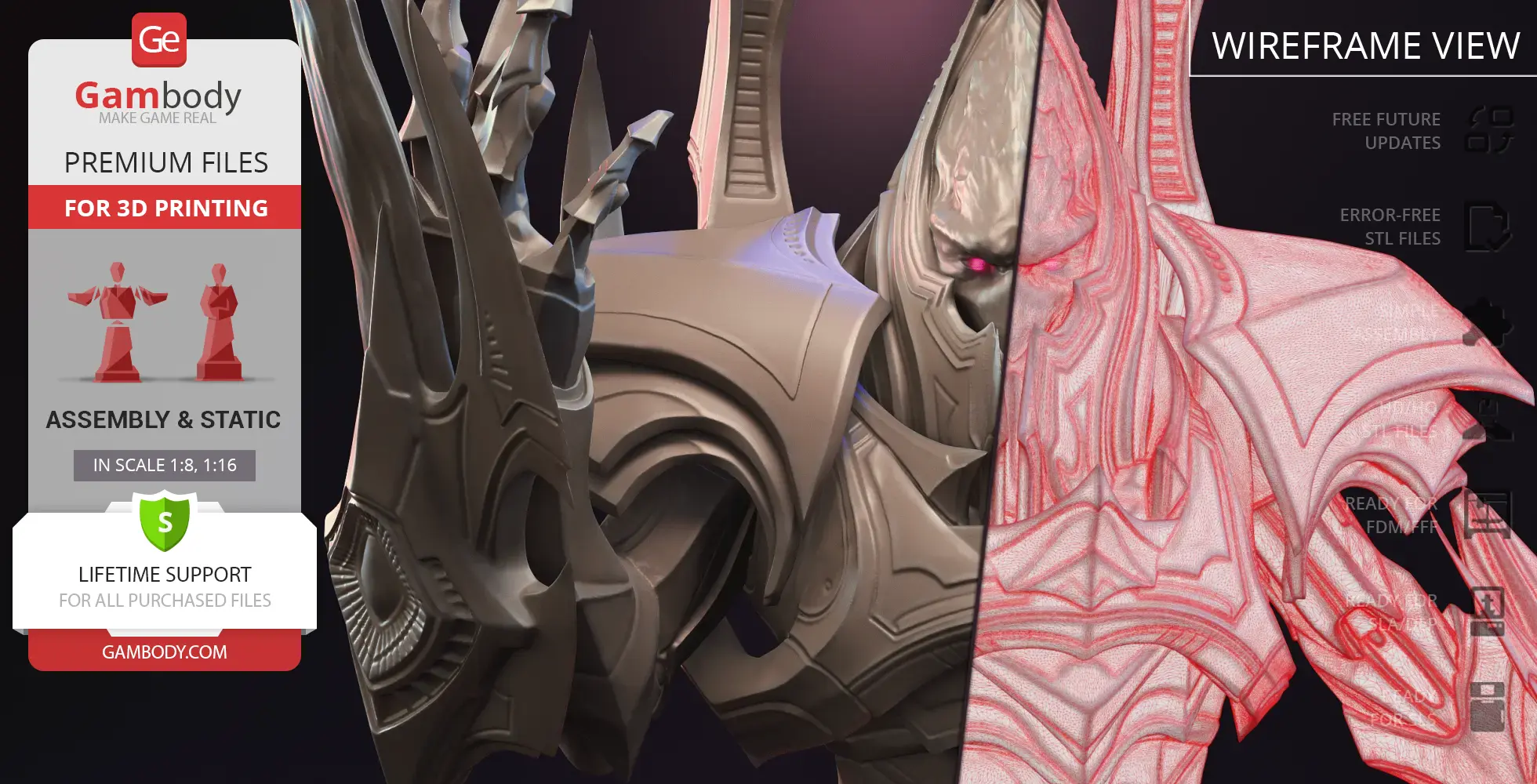 Intricate armored figure with sharp, detailed features in both solid and wireframe views for 3D printing.