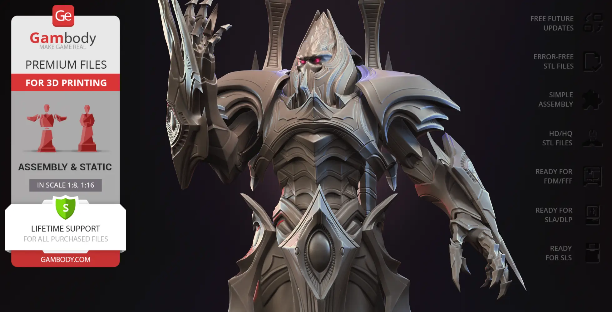 Alien-like character in ornate armor, with sharp features and red eyes, ready for 3D printing.