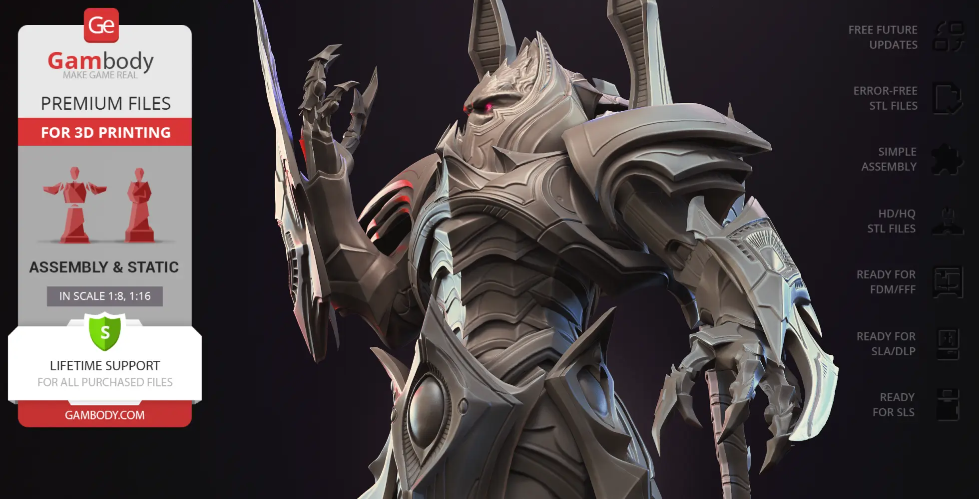 A menacing armored figure with sharp, angular details and glowing red eyes, ready for 3D printing.