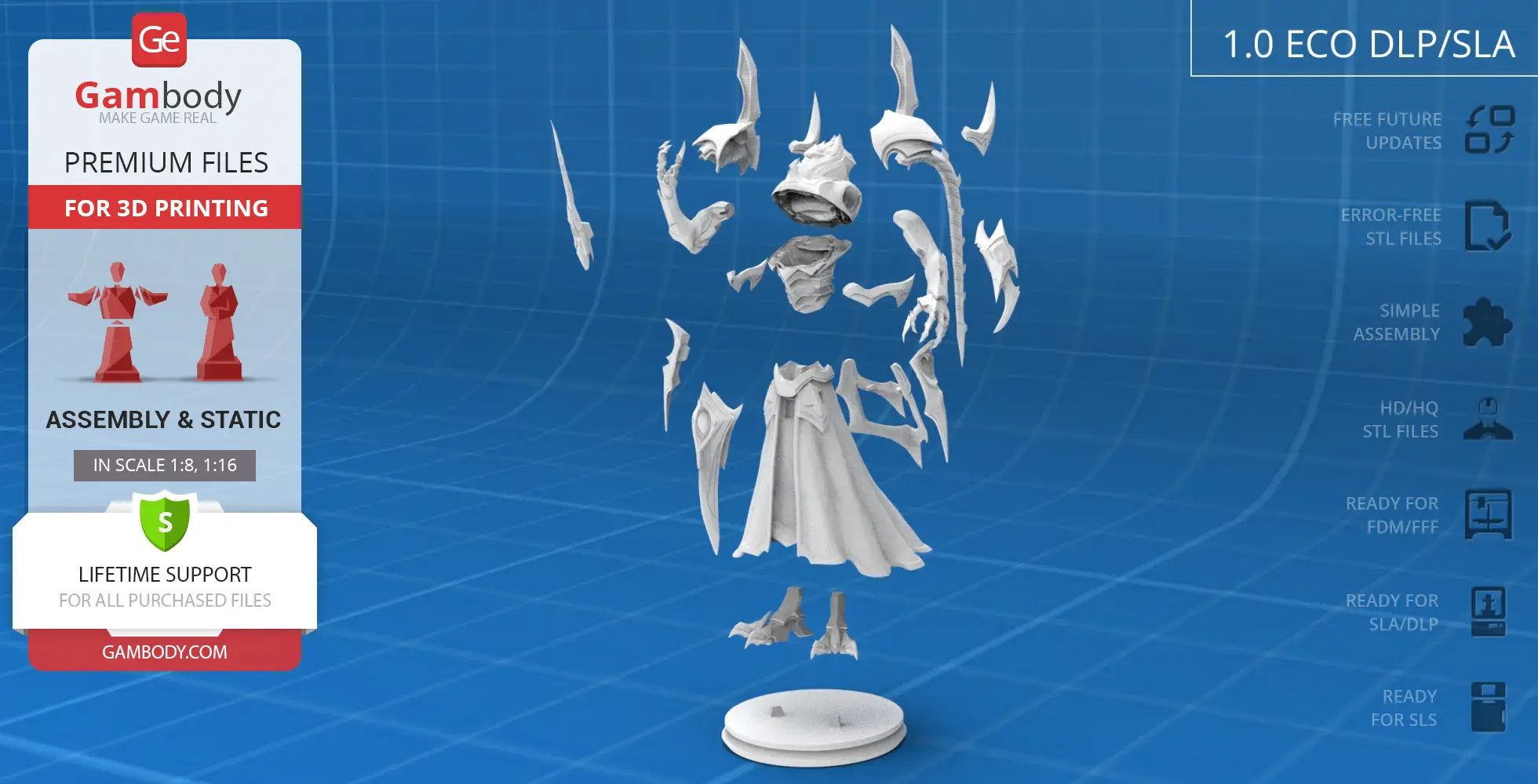 3D model of fragmented Alarak, Highlord from StarCraft, with assembly parts on a blue grid background.