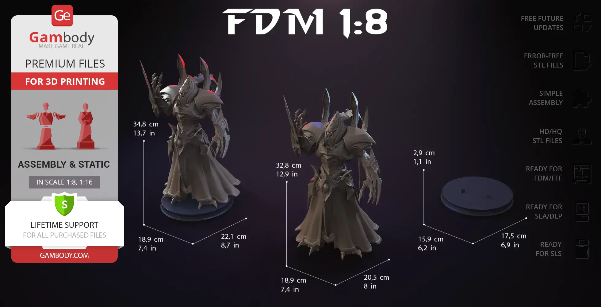 Regal armored figure with horns and cloak, displayed with height and size dimensions for 3D printing.