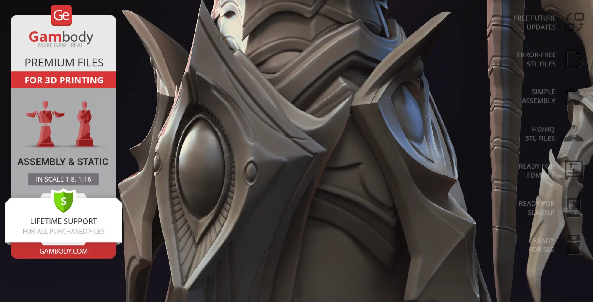 Detailed armor of Alarak from StarCraft, showcasing ornate, sharp edges and intricate patterns for 3D printing.