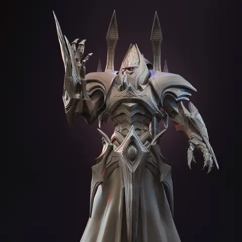 A menacing armored warrior with elongated spikes and intricate design, posed with a commanding gesture.
