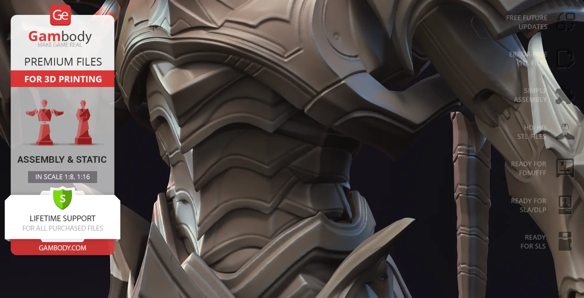 A detailed close-up of Alarak's armored torso from StarCraft, showcasing intricate design for 3D printing.
