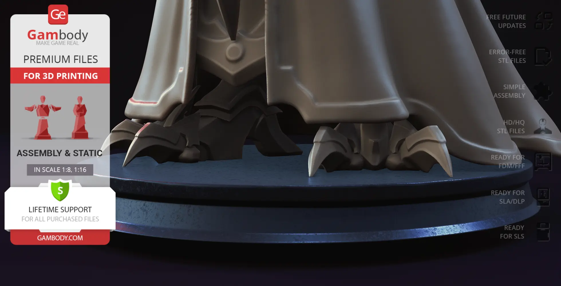 Detailed feet of a armored figure on a circular base, part of a 3D model for printing.