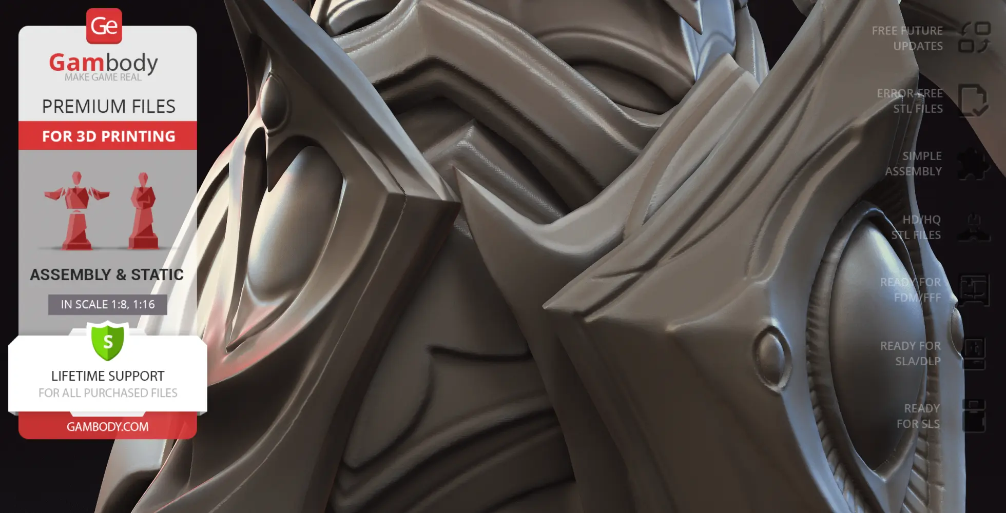 Futuristic armor detail of Alarak 3D model for printing, showcasing sharp angles and metallic textures.