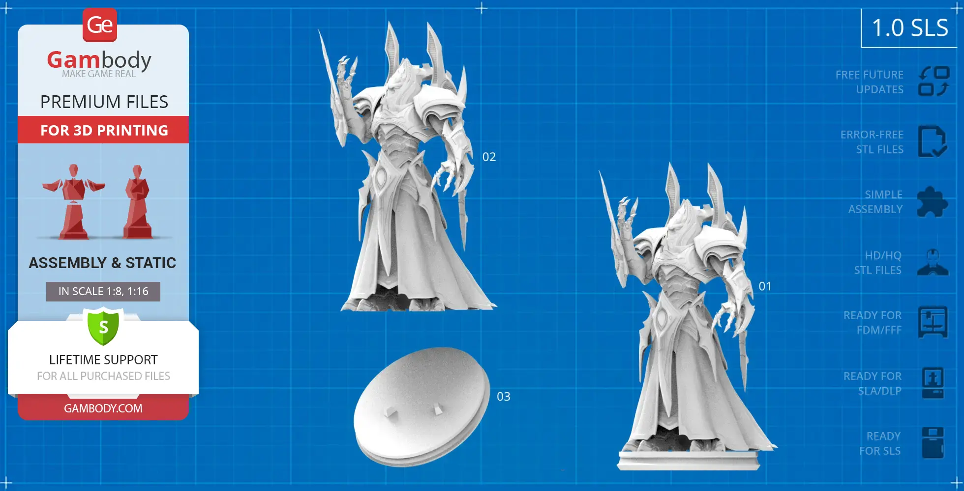 A detailed 3D model of Alarak from StarCraft, posed dramatically with extended arms and elaborate armor.