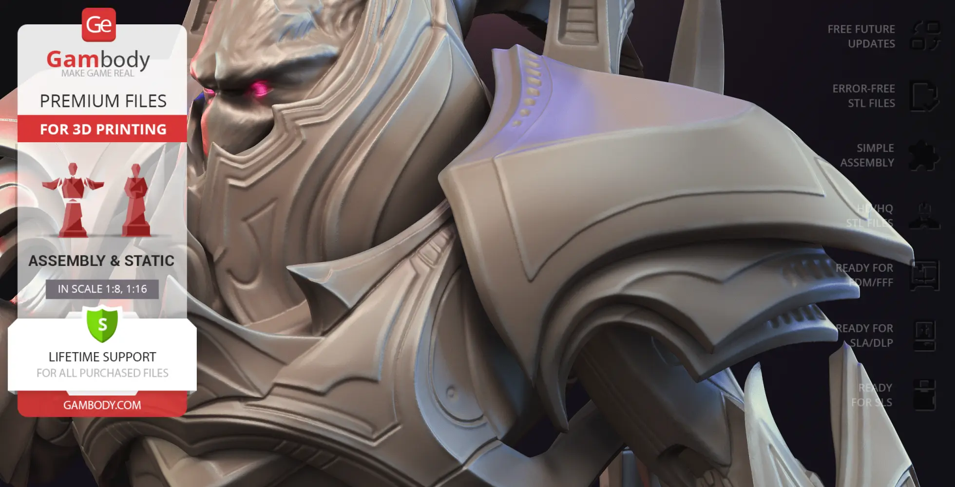 A sci-fi armored character with red glowing eyes, featuring sharp, intricate details on the armor.