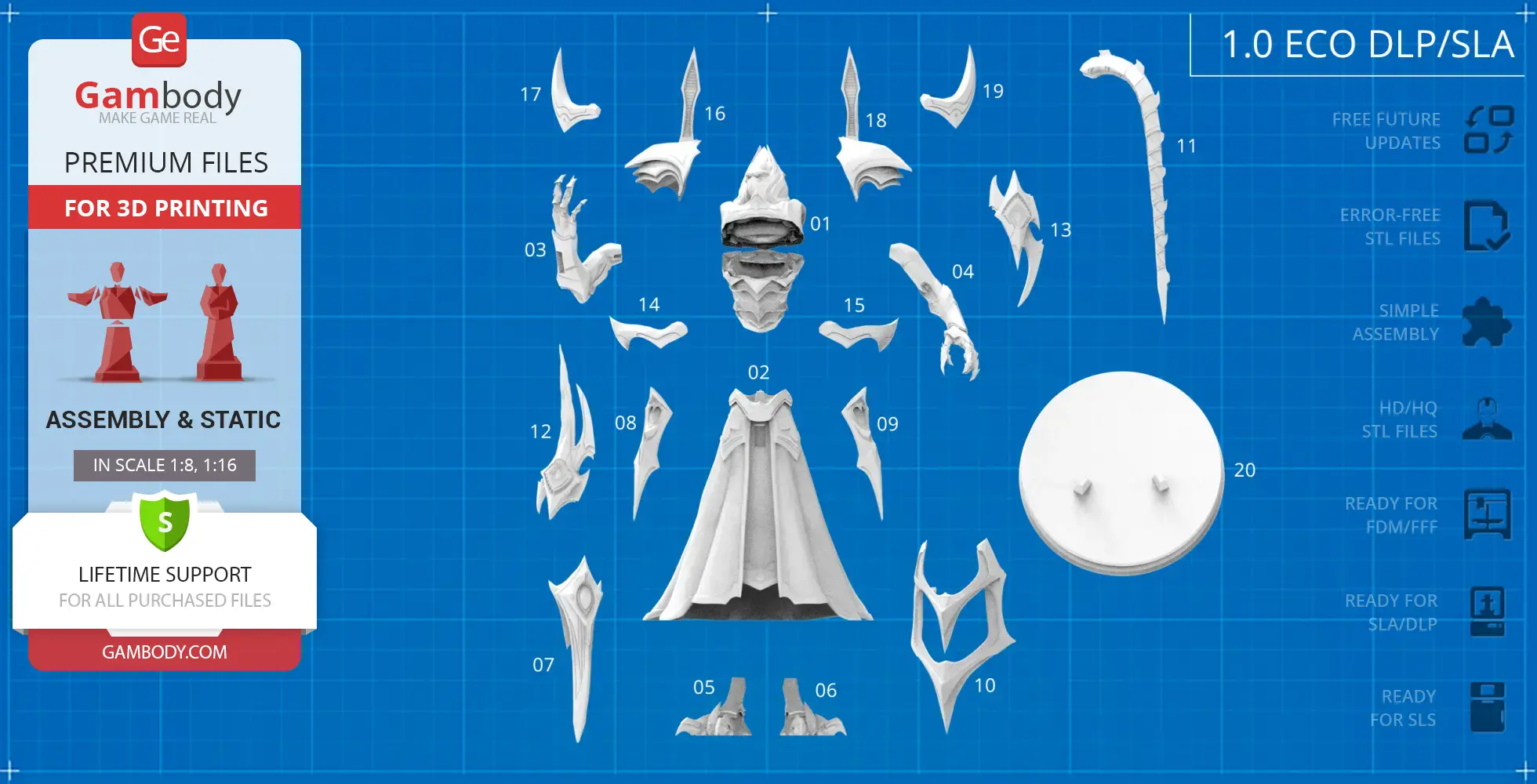 Exploded view of Alarak 3D model parts for assembly, shown on a blueprint-style background.