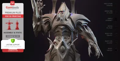 Alien-like character in ornate armor, with sharp features and red eyes, ready for 3D printing.