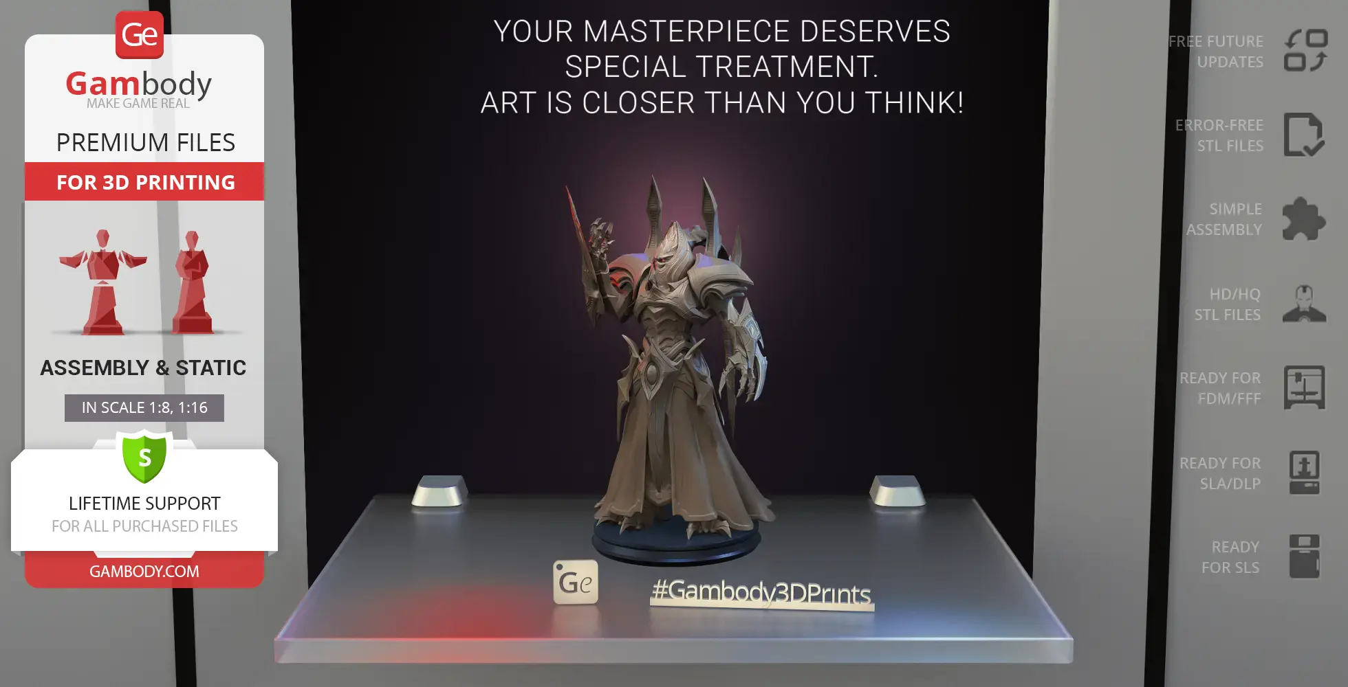 Intricate 3D model of a cloaked, armored character with sharp details, ready for 3D printing.