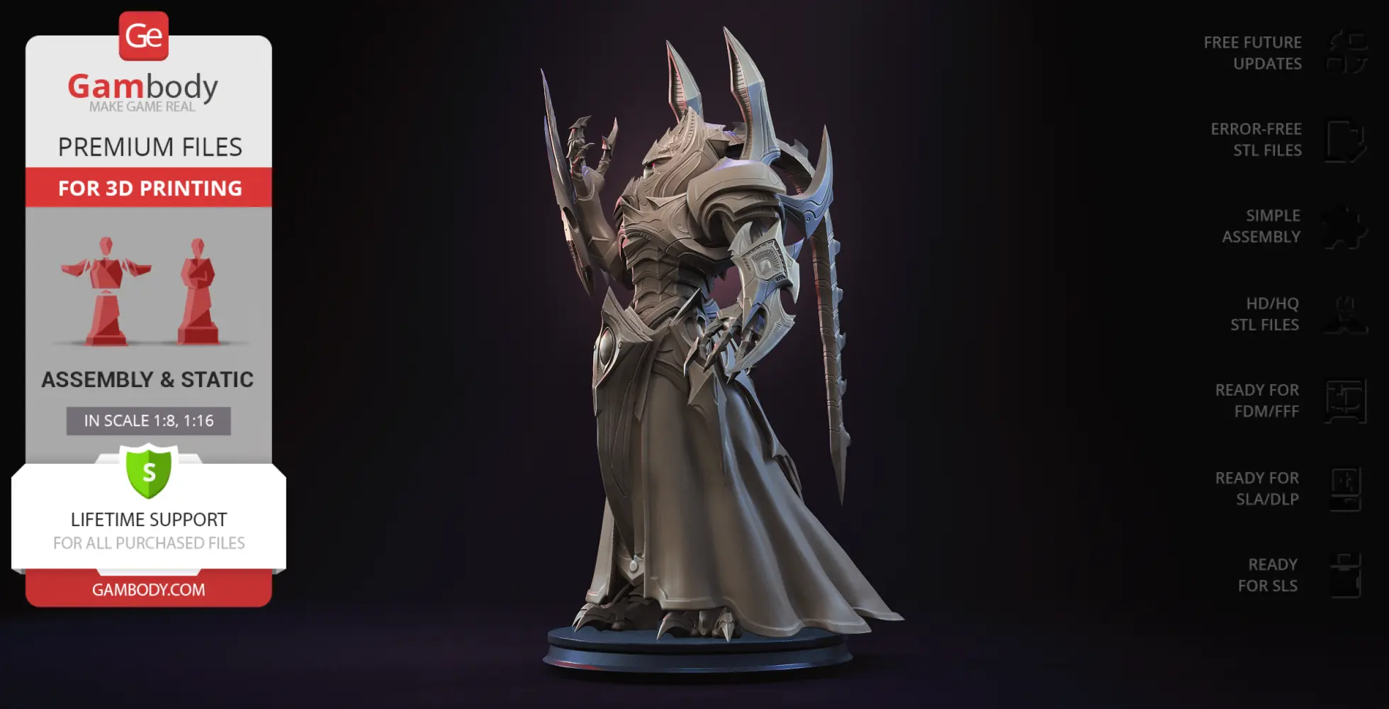 A detailed 3D model of a heavily armored warrior with intricate shoulder spikes, on a round base.
