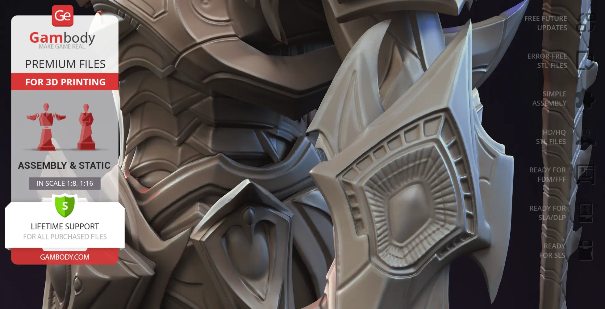 Detailed 3D model of ornate armor pieces and weapon, designed for 3D printing.