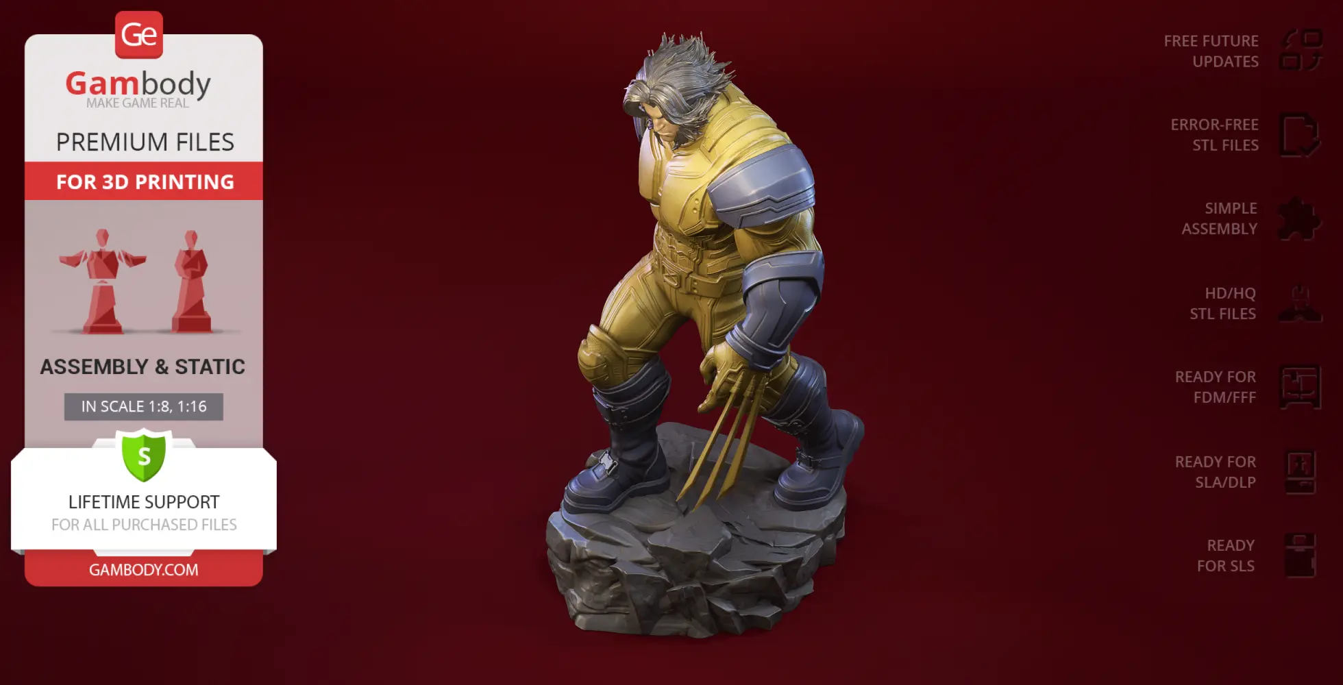 A detailed 3D model of a muscular character with claws and armor, standing on a rocky base.