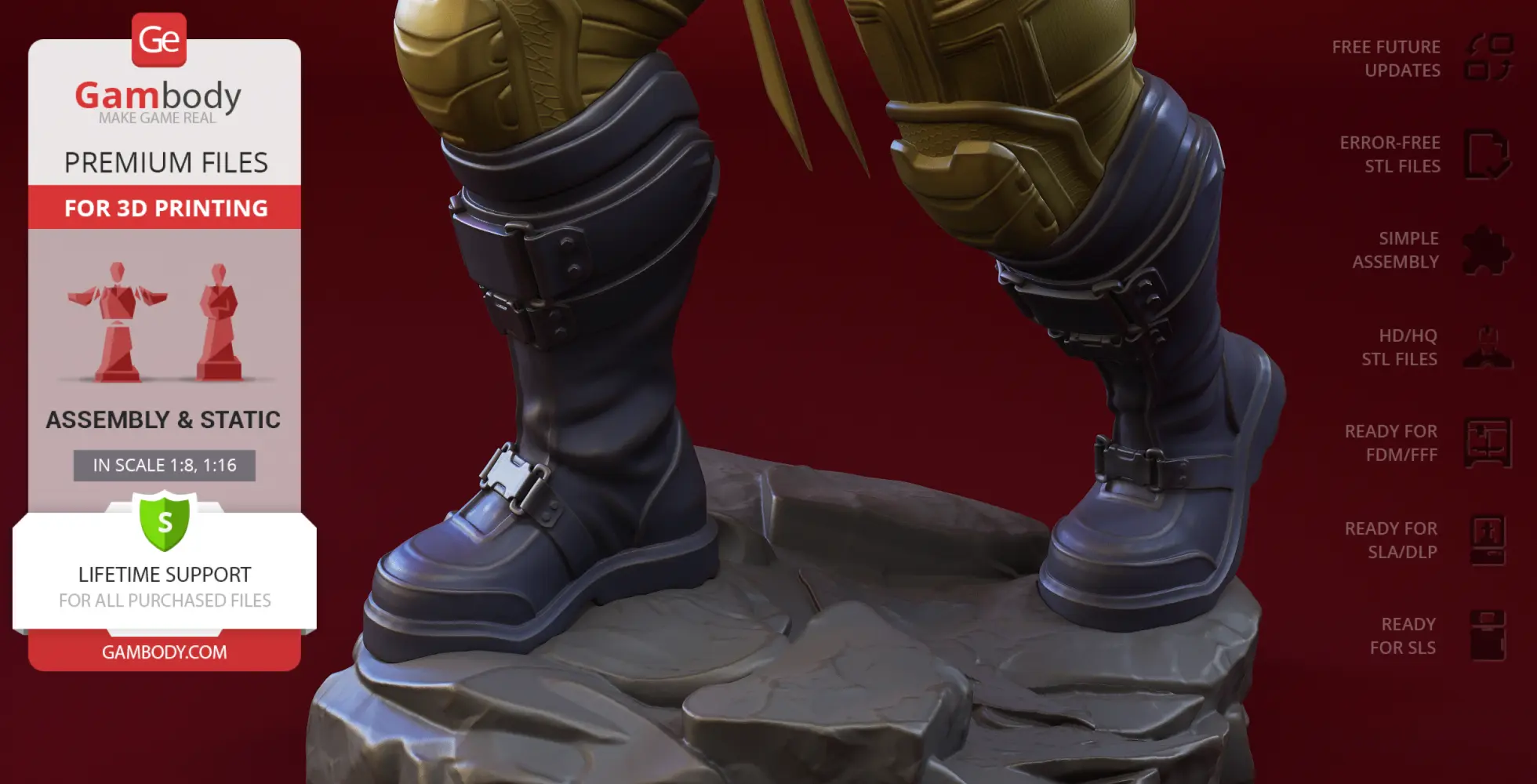 Close-up of armored boots on a rock base, part of Wolverine 3D model from Gambody, ready for printing.