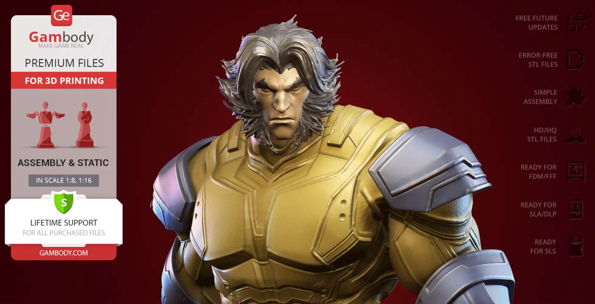 A detailed 3D model of a muscular character in yellow armor with long hair and intense expression.
