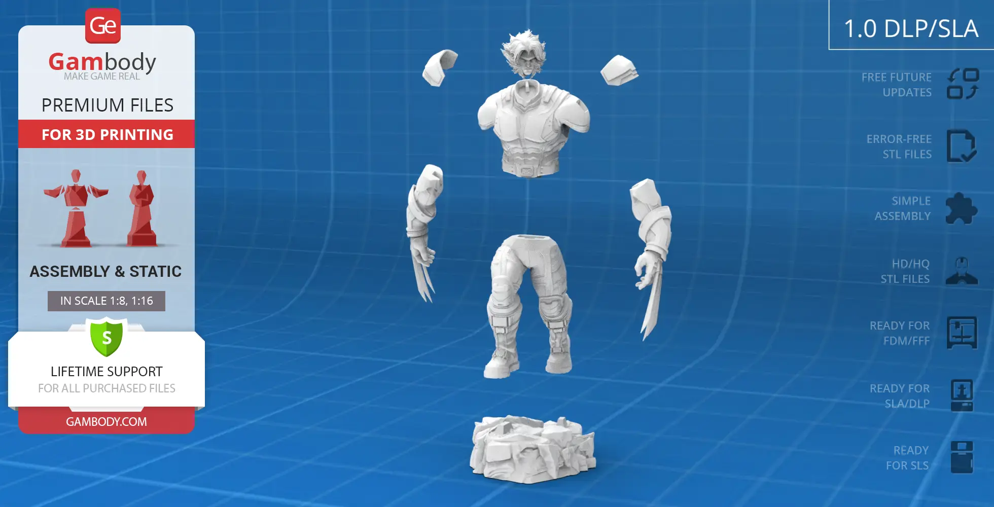 3D printable Wolverine model parts for assembly, displayed in a blue grid background.