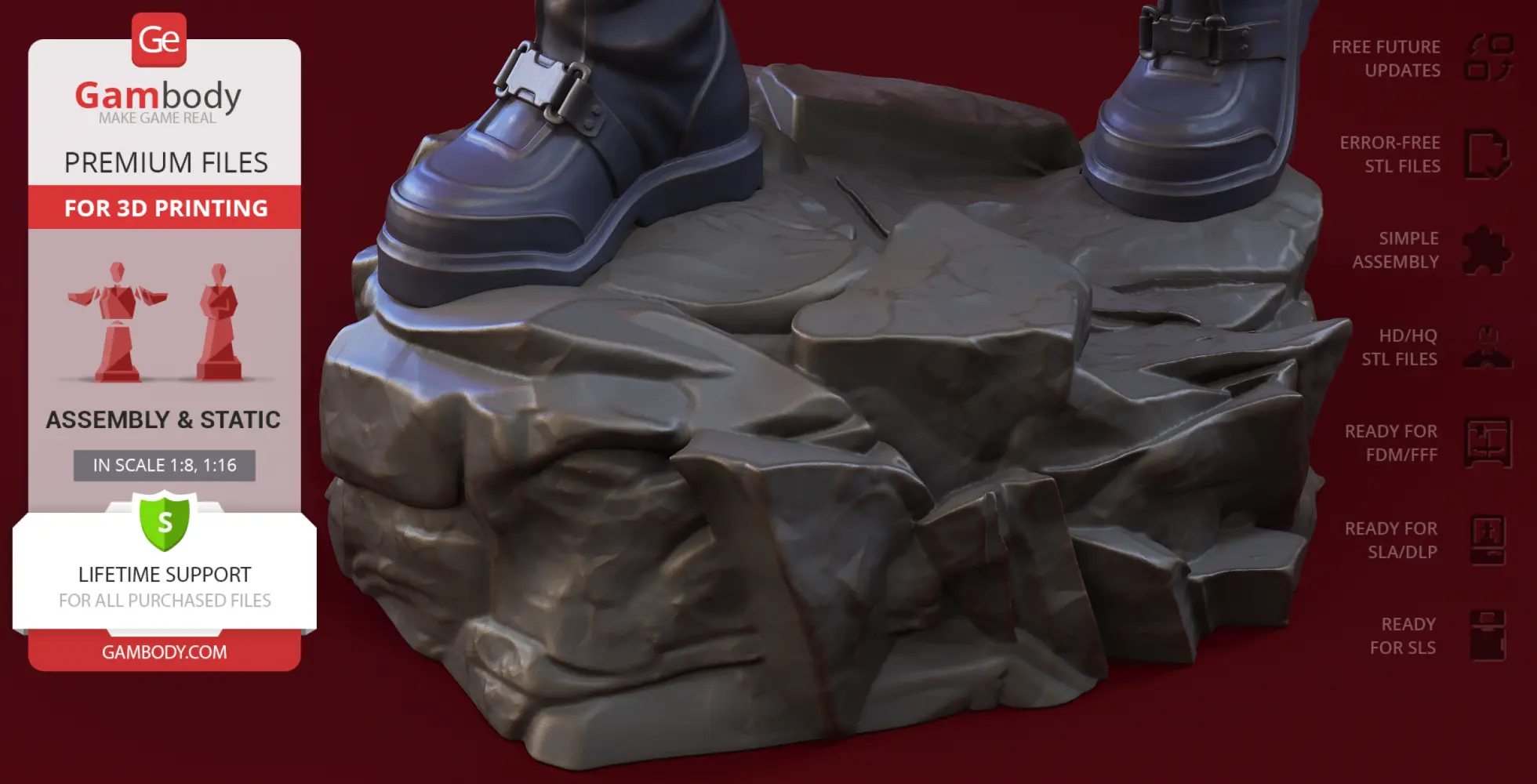 Boots standing on a detailed rocky base, with printing service information on the side.