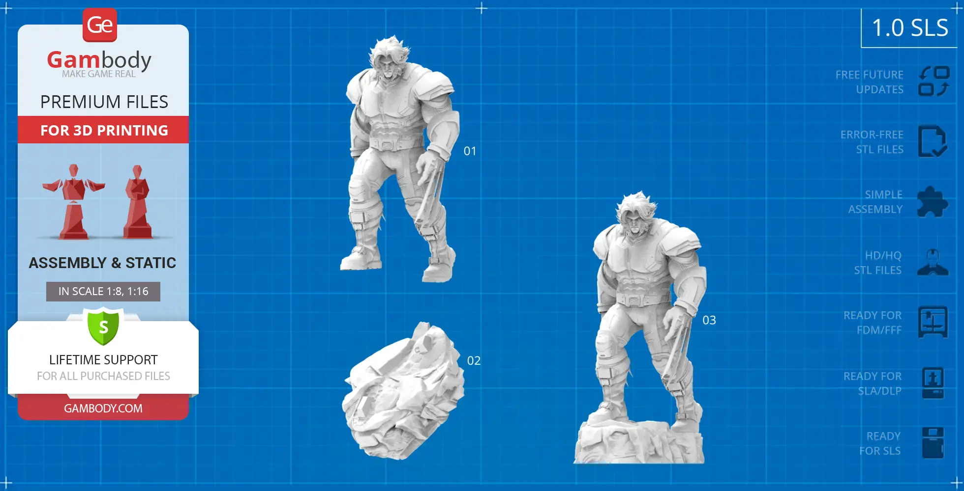 3D model of a muscular figure in armor with claws, ready for printing; includes assembly instructions.