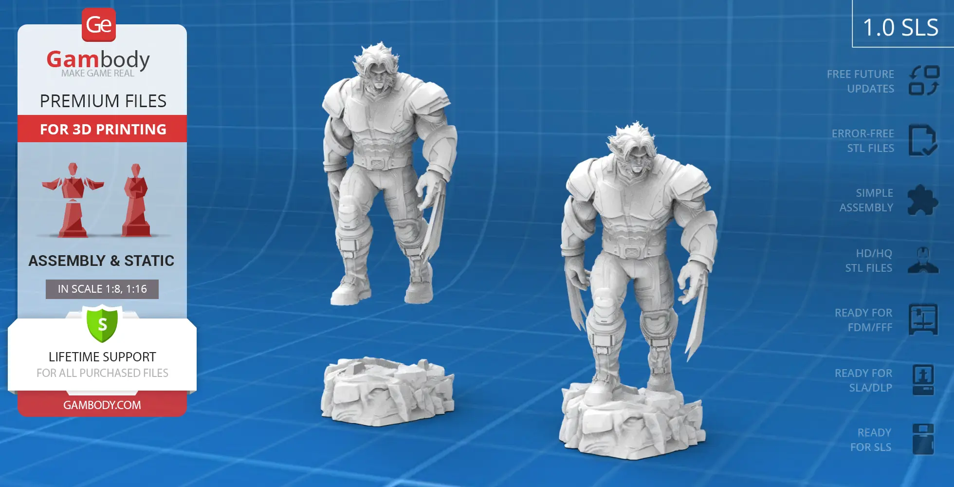 3D model of a muscular character with claws, in a dynamic pose on a rocky base, suitable for printing.