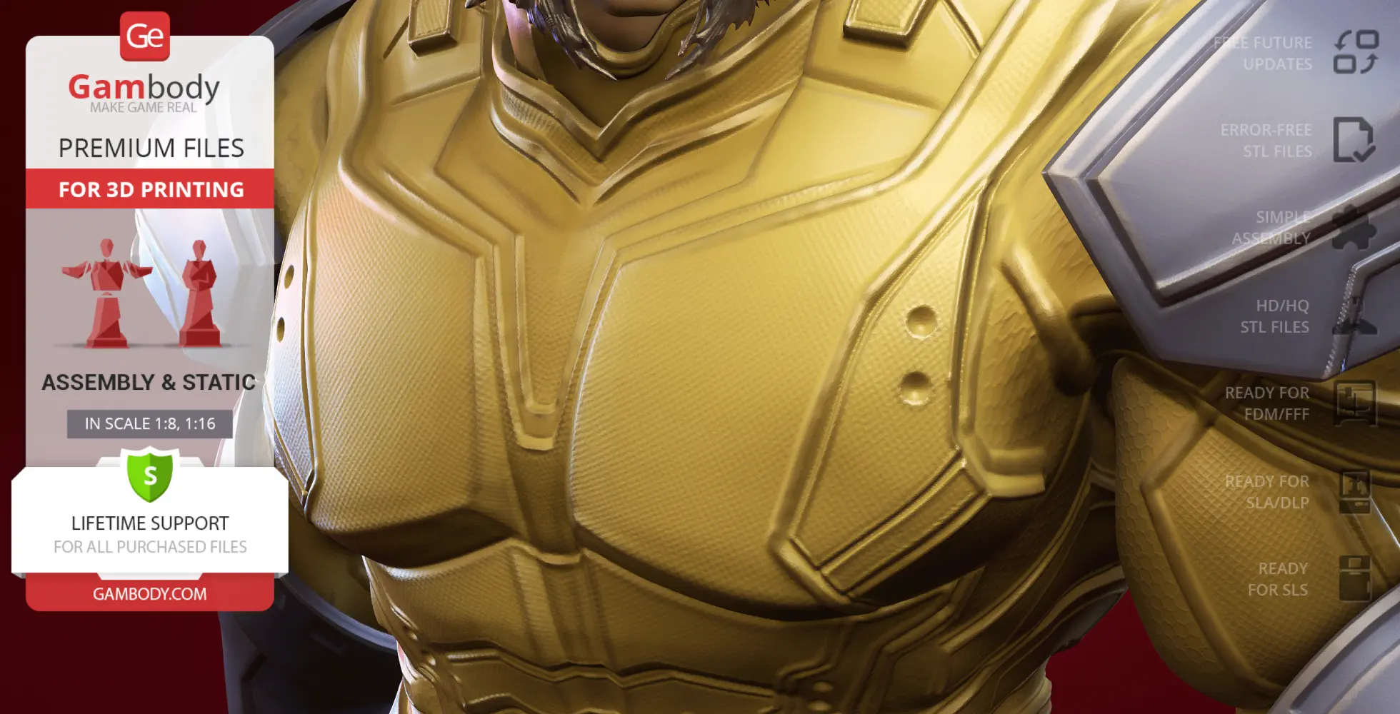 Close-up of a golden armored chest plate with intricate detailing, featured on Gambody for 3D printing.