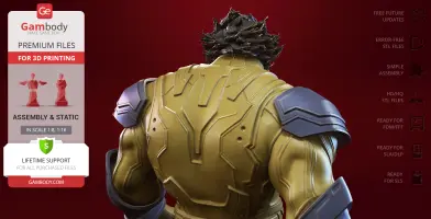 3D model of a muscular figure in a yellow suit with shoulder armor, seen from behind.