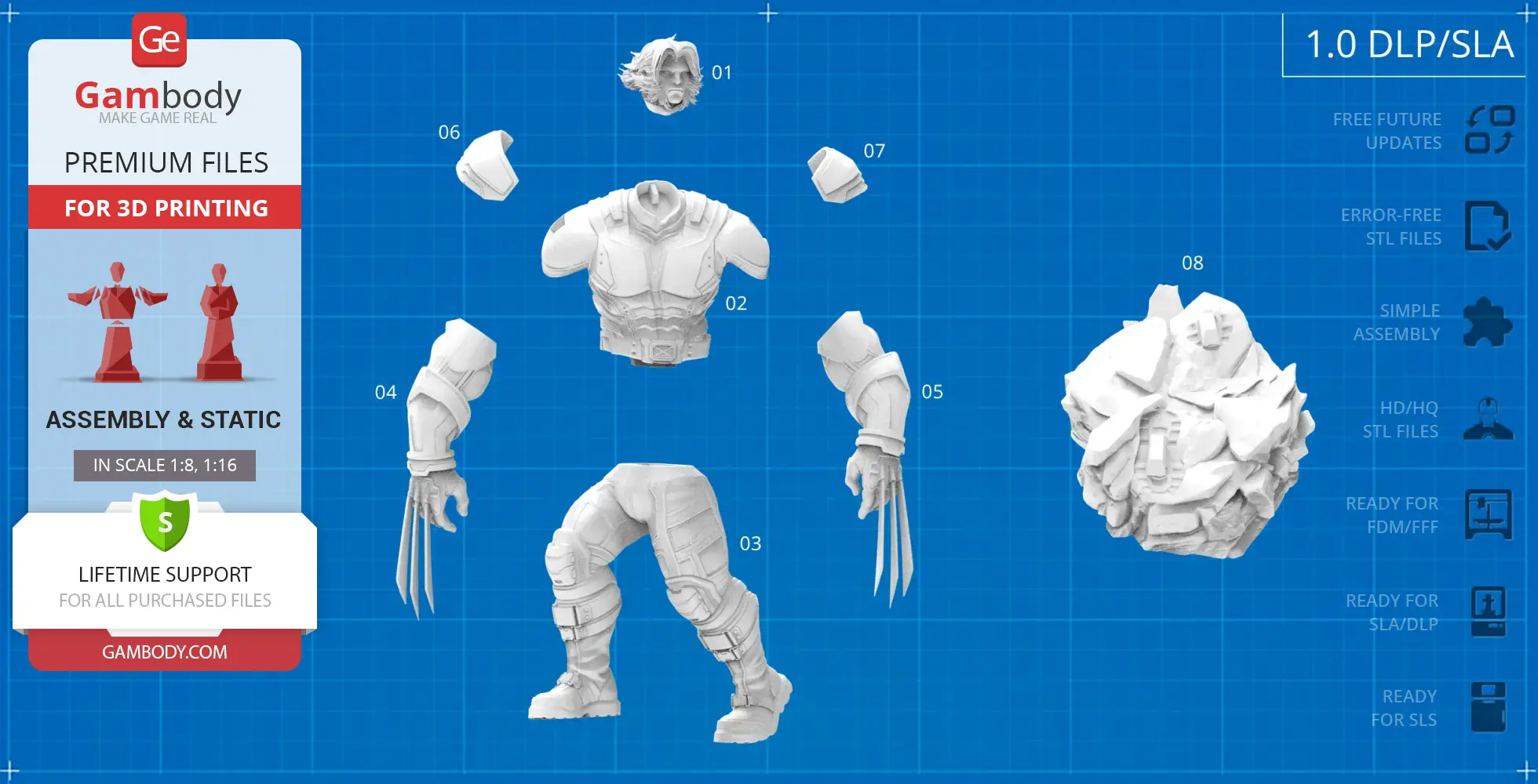 3D print model parts of a character with claws, showing assembly and static versions on a blueprint background.