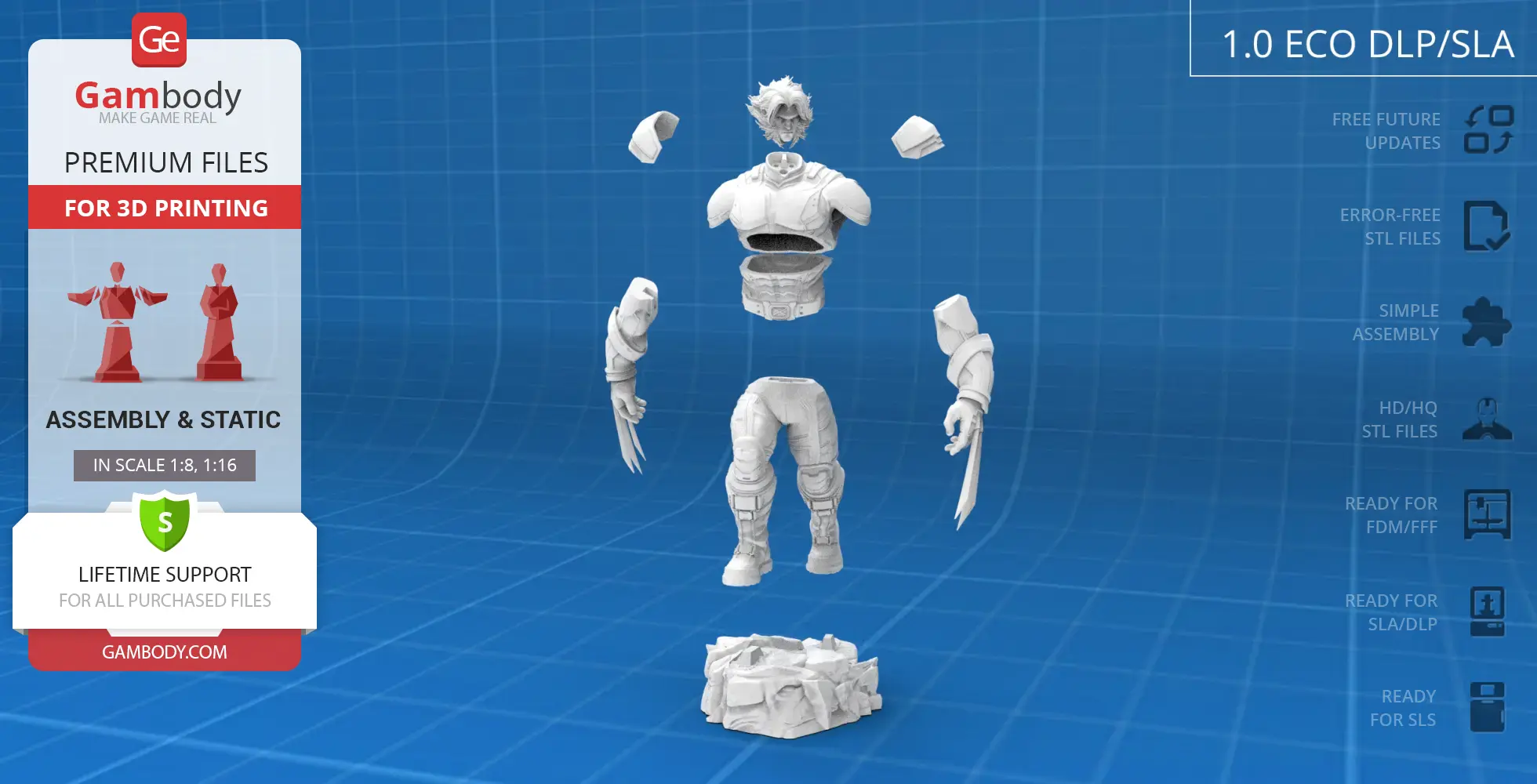 3D printable model of Wolverine, segmented for assembly, with detailed parts displayed on a blue grid.