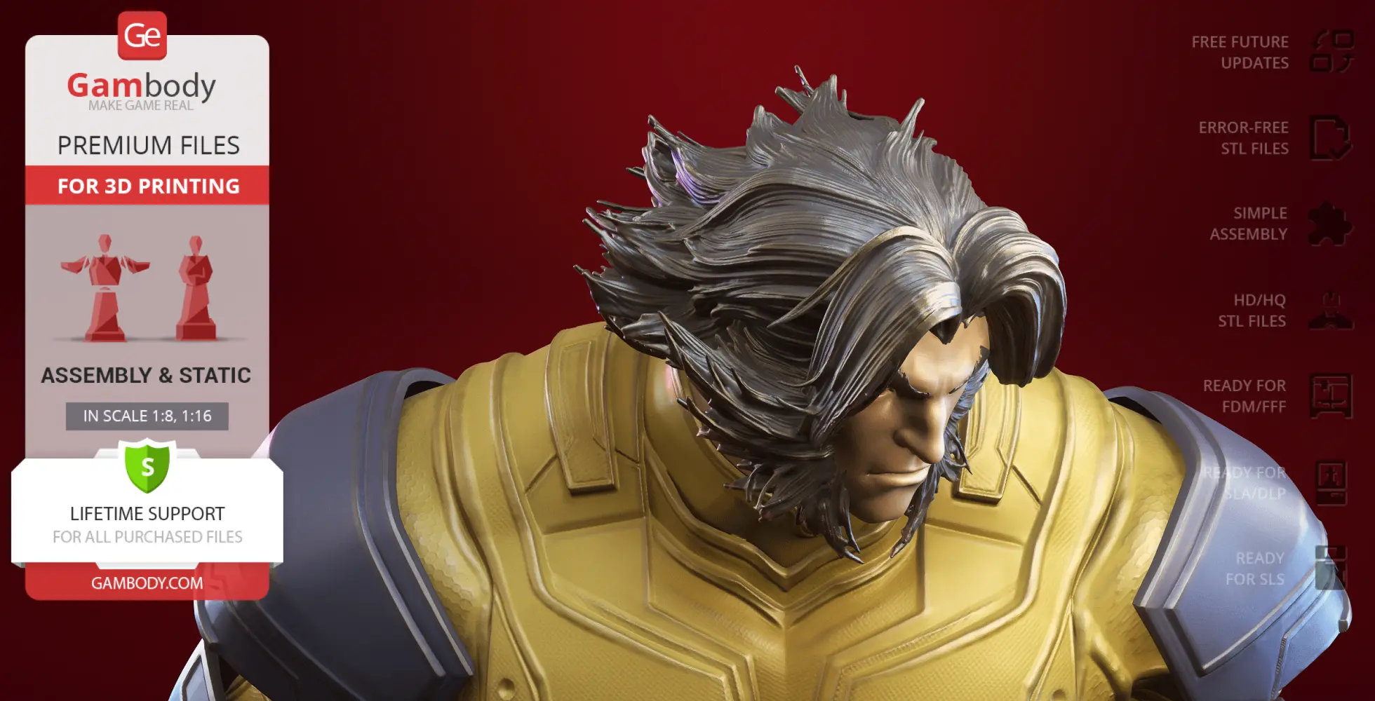 A 3D model of a superhero figure with dynamic hair and a detailed yellow and gray suit backdrop.