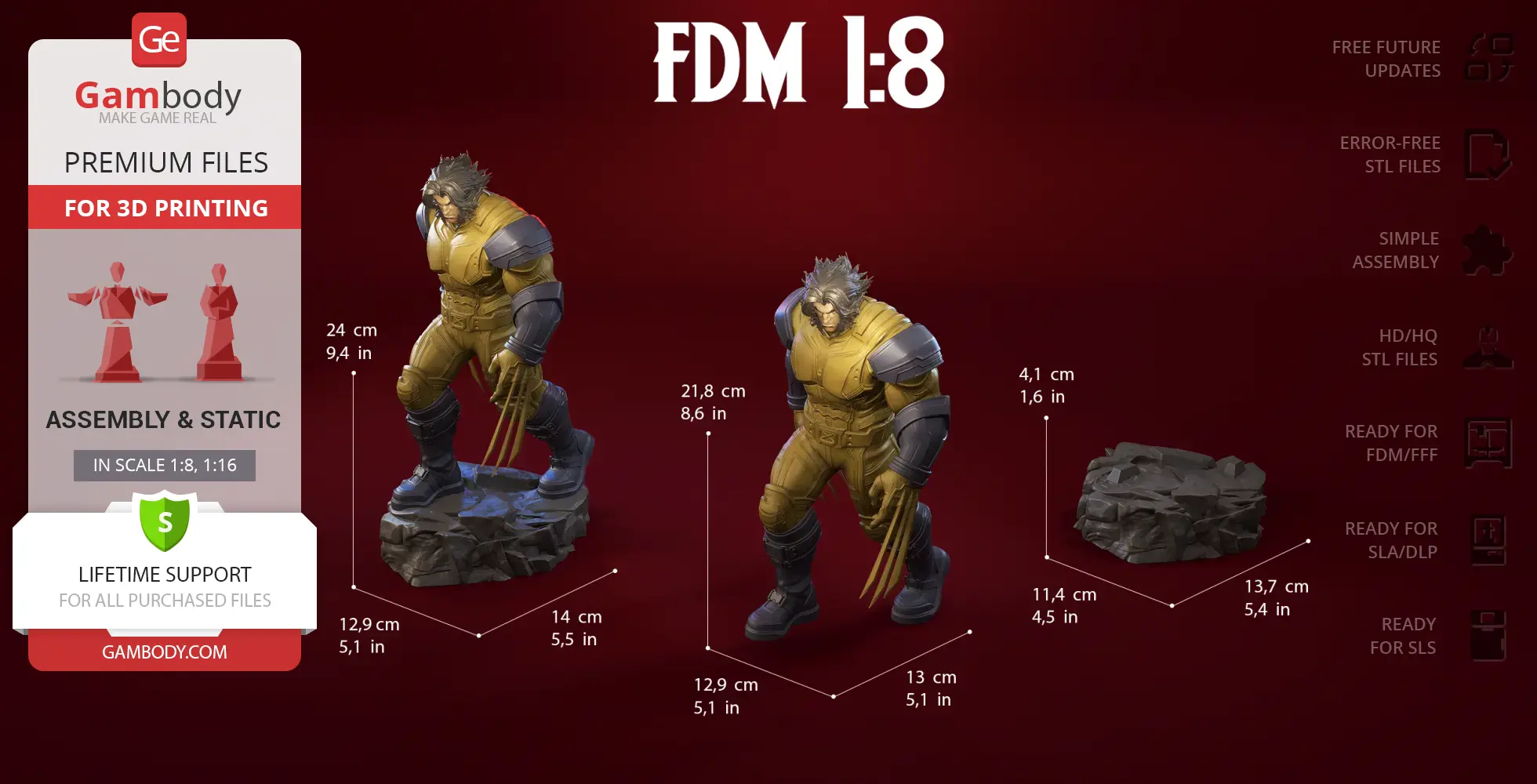 3D model of a rugged character with claws, standing on a rocky base, labeled for printing dimensions.