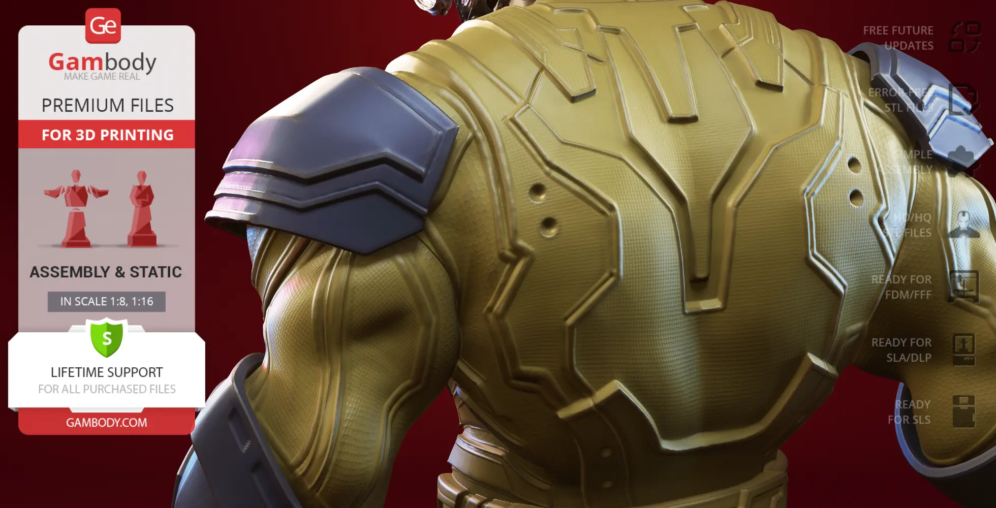 Close-up of a detailed 3D model's armored back, with promotional text from Gambody for 3D printing.