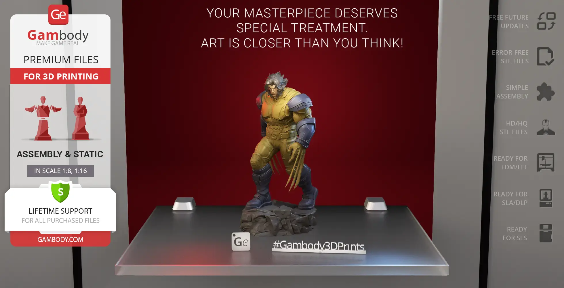 3D model of a clawed superhero in a yellow suit, ready for 3D printing display.