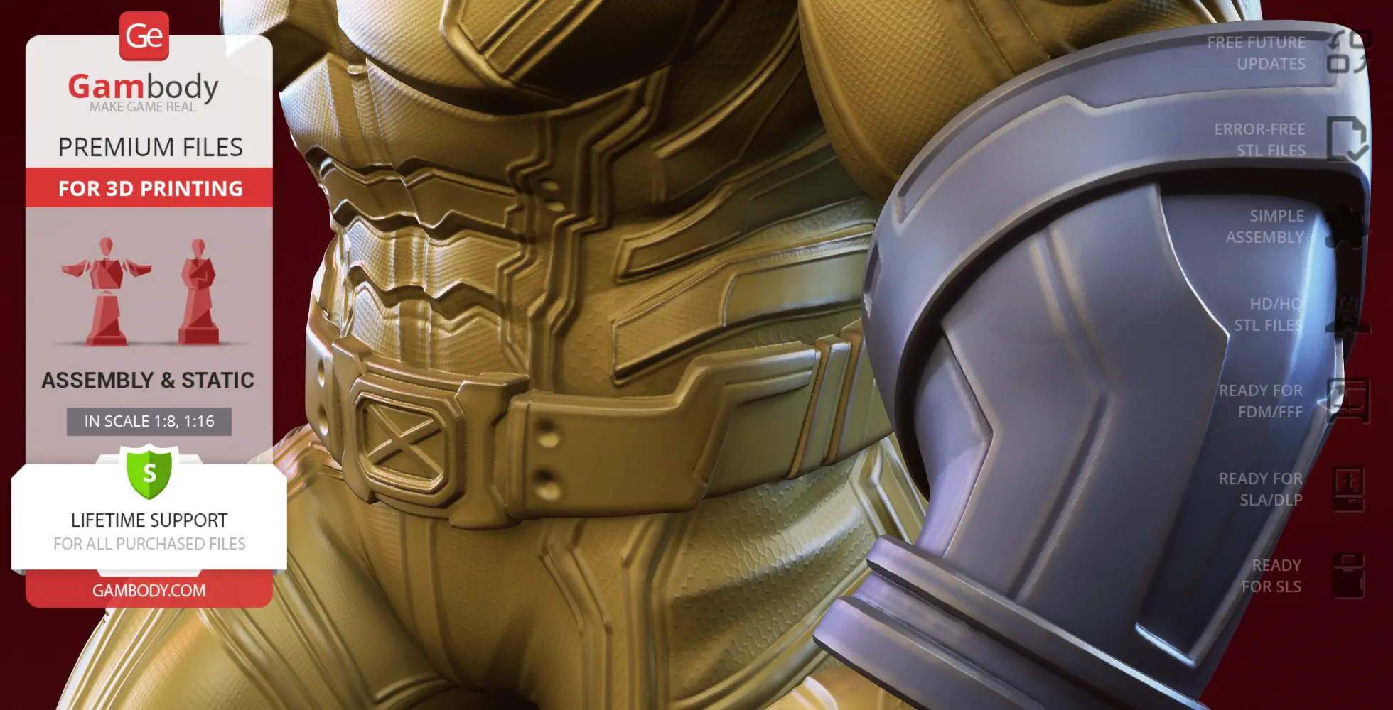 Close-up of a 3D printed model torso and arm with detailed armor texture, ready for assembly.