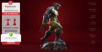 3D model of a muscular superhero with claws and costume, standing on rocky terrain, ready for printing.