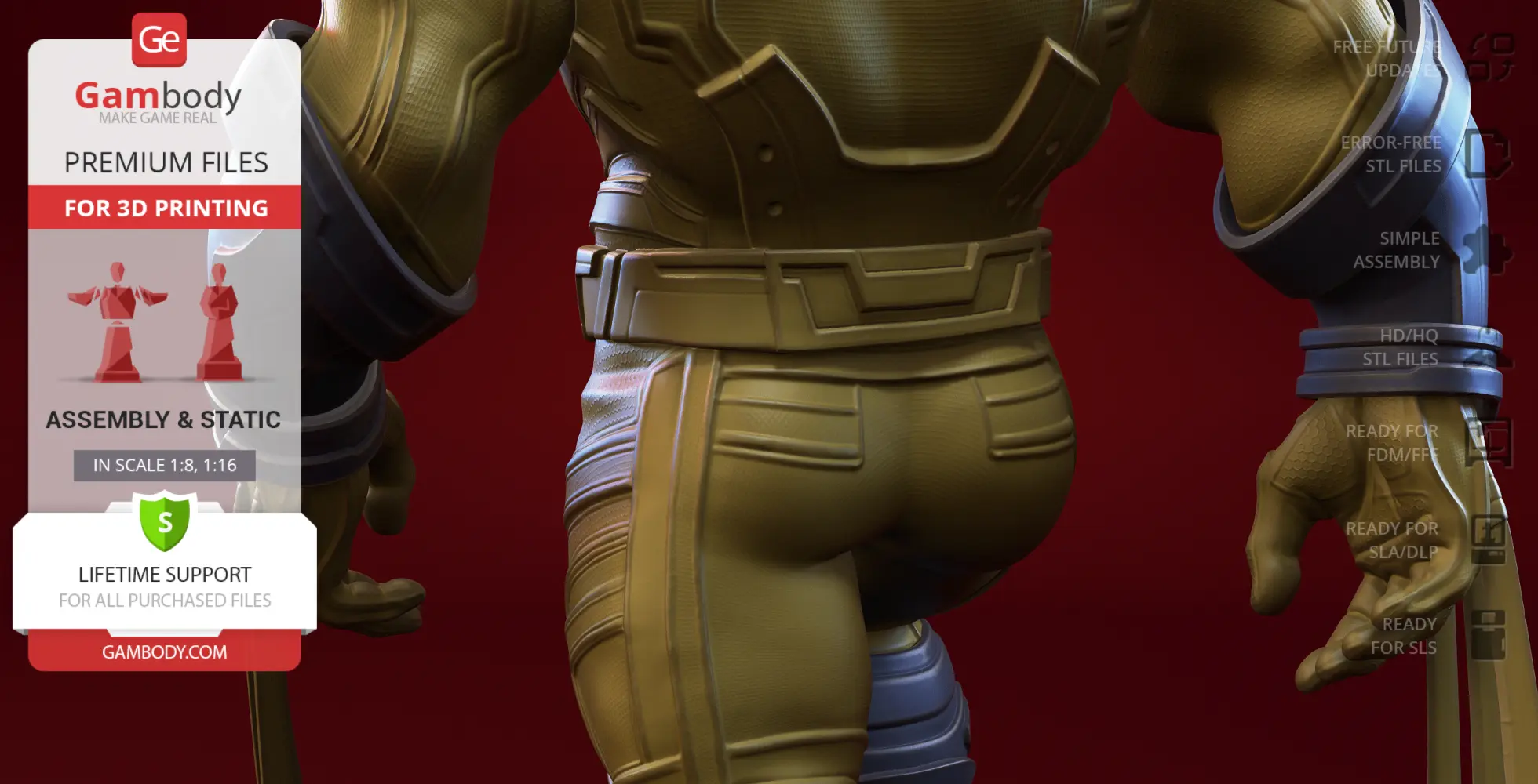 3D model close-up of a superhero figure's back, arm, and hand in a detailed suit, ready for 3D printing.